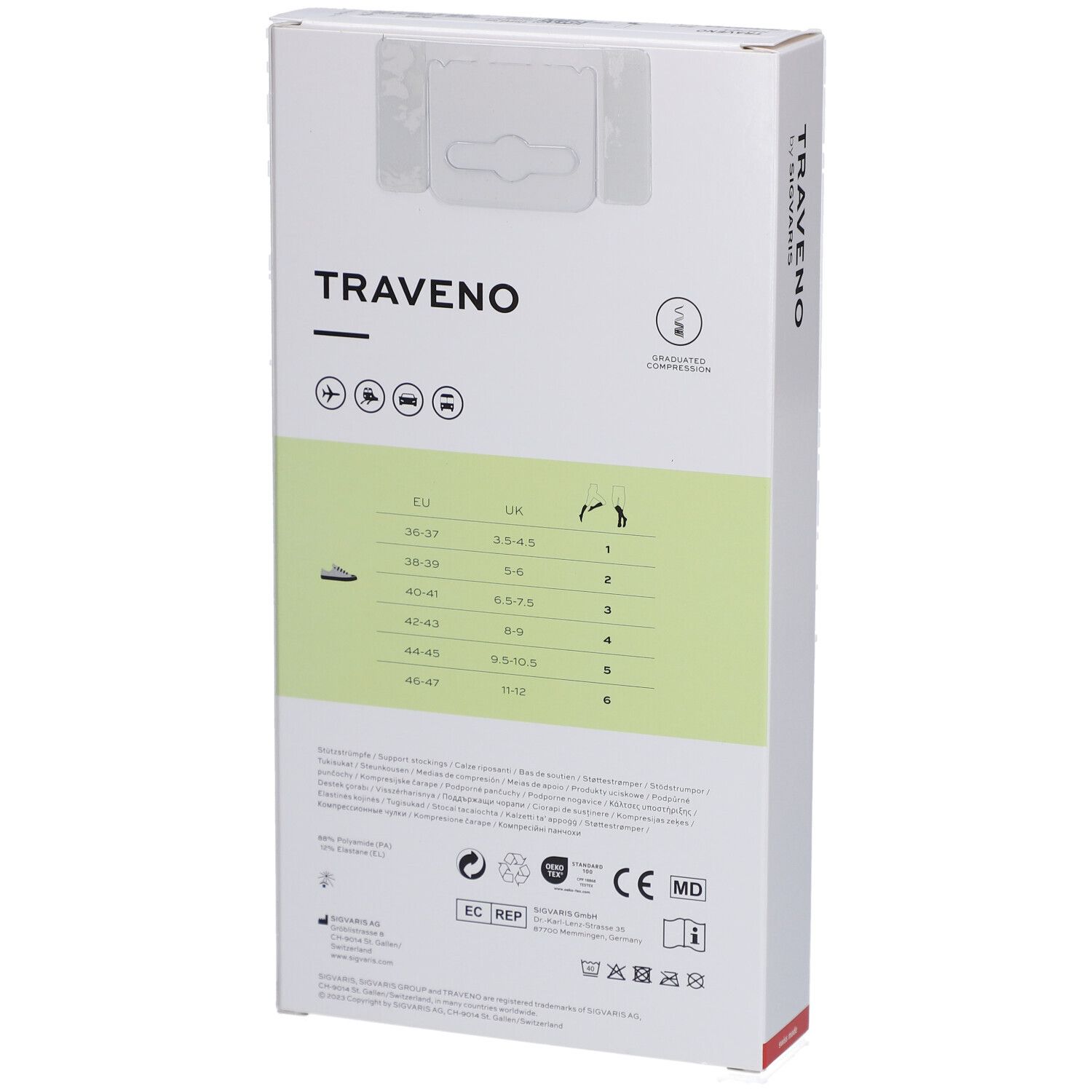 Dos de l'emballage des chaussettes de voyage TRAVENO. Tableau des tailles, logos, texte: DIAGNOSTIC COMPRESSION, CE, MD.