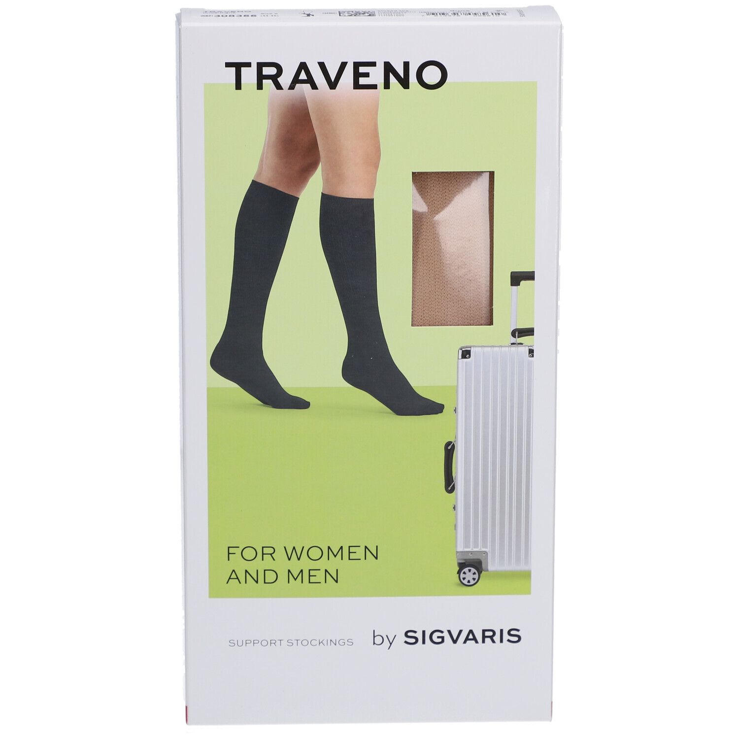 Boîte de chaussettes de voyage TRAVENO. Image de jambes avec chaussettes, valise. Texte: FOR WOMEN AND MEN, by SIGVARIS.