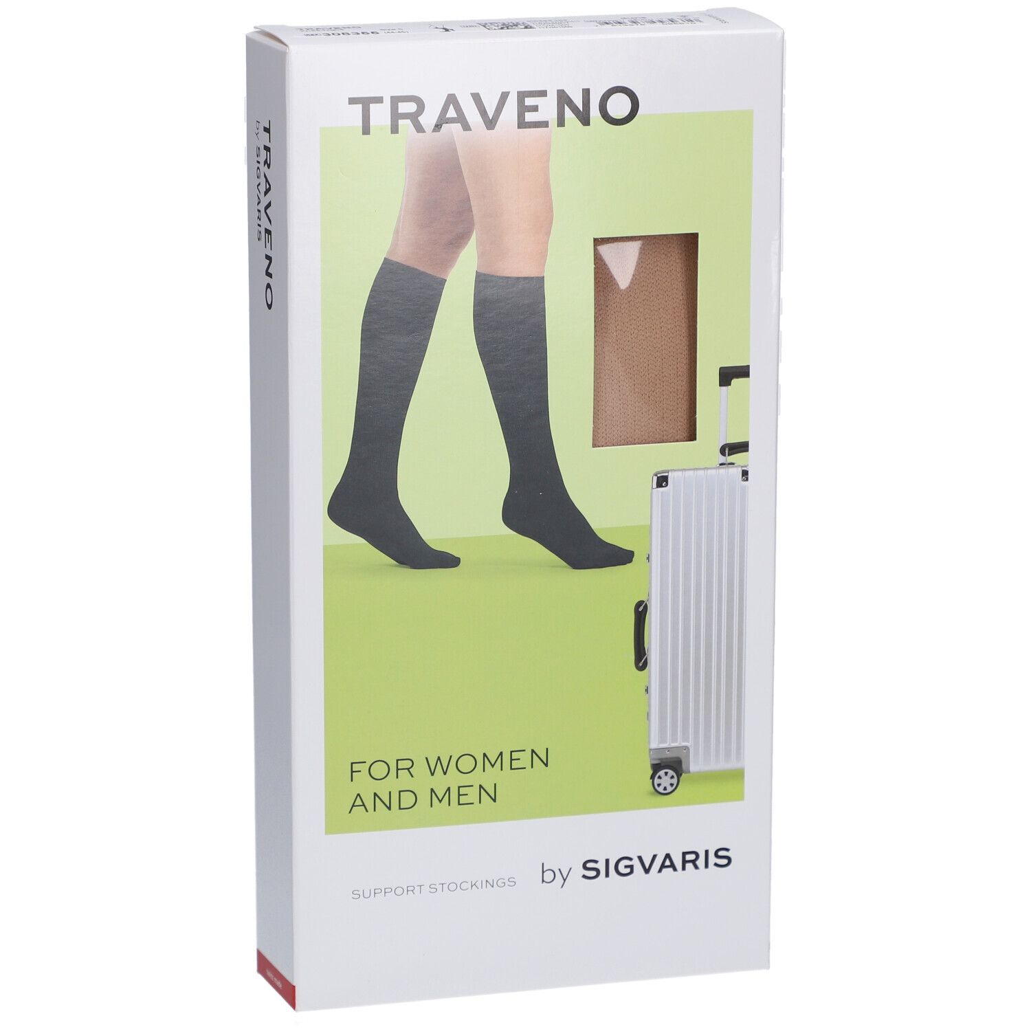 Boîte de chaussettes de voyage TRAVENO. Image de jambes avec chaussettes, valise. Texte: FOR WOMEN AND MEN, by SIGVARIS.