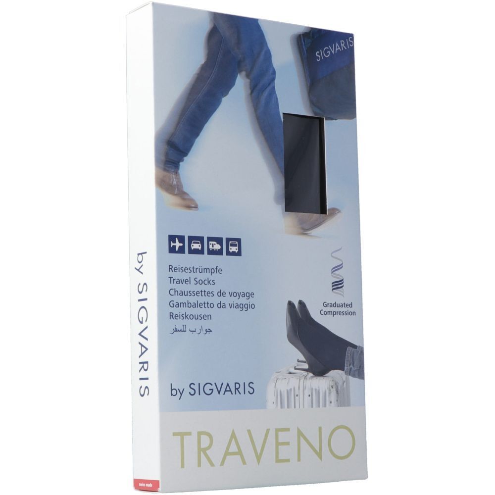 Emballage de chaussettes de voyage SIGVARIS TRAVENO. Inscription : Reiseträume, by SIGVARIS, TRAVENO. Illustration : jambes en jean, pieds en chaussettes.