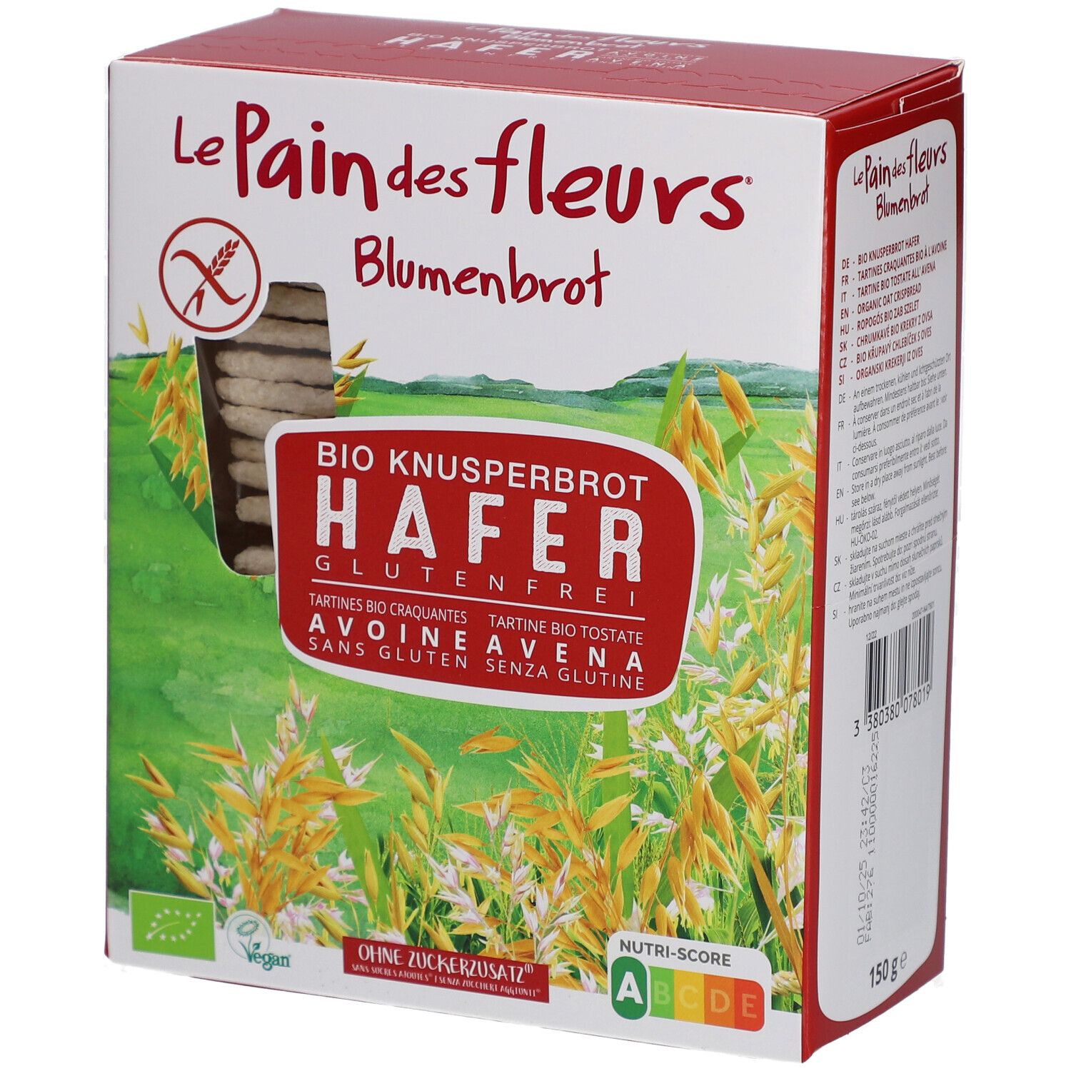 Verpakking Blumenbrot Bio Knusperbrot Hafer, glutenvrij. Met haverveld-design en Nutri-Score A.
