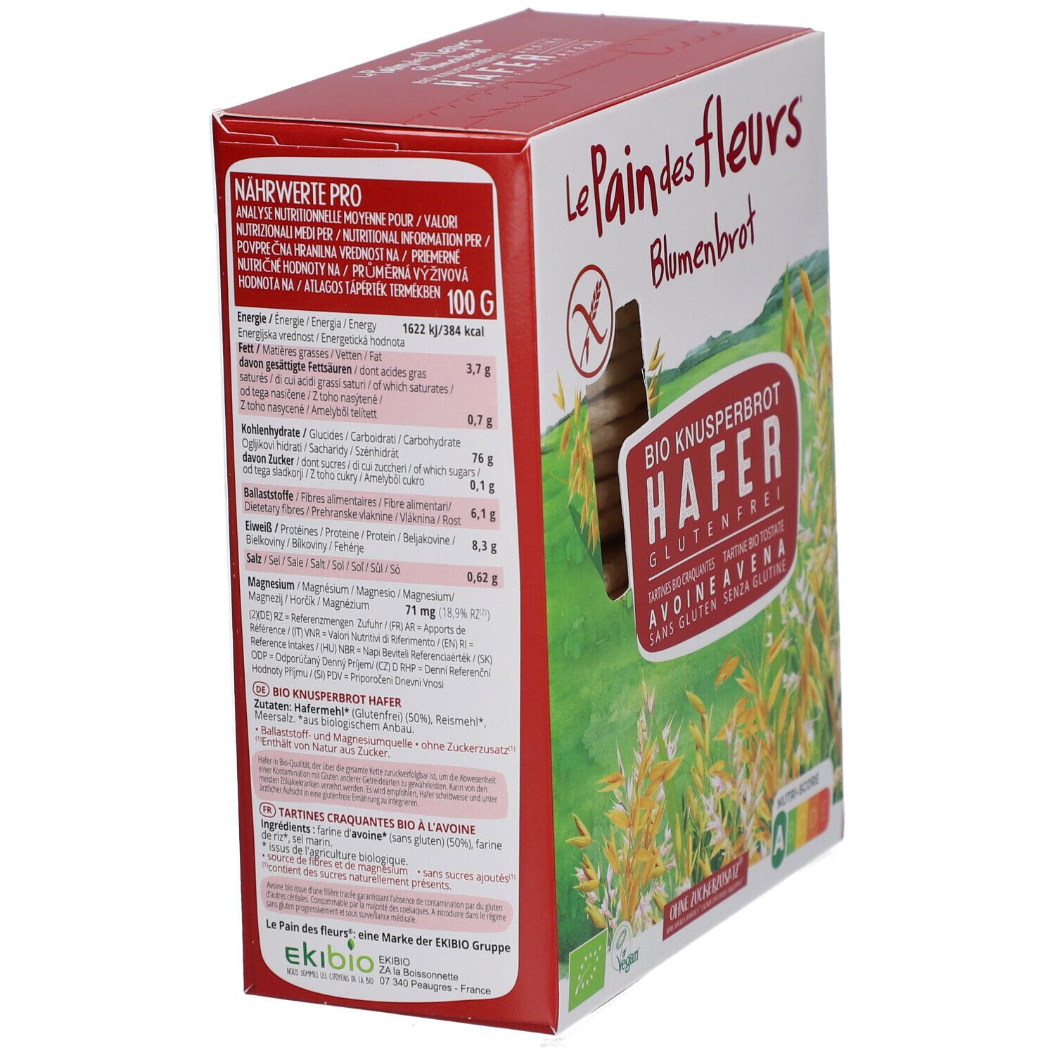 Achterkant van de verpakking Blumenbrot Bio Knusperbrot Hafer met voedingswaarden en ingrediëntenlijst.