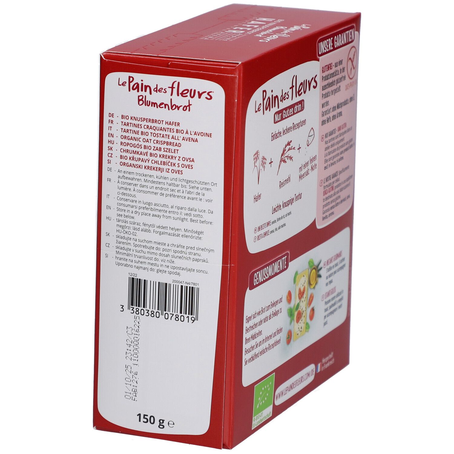 Zijaanzicht van de verpakking Blumenbrot Bio Knusperbrot Hafer met barcode en gewicht 150g.