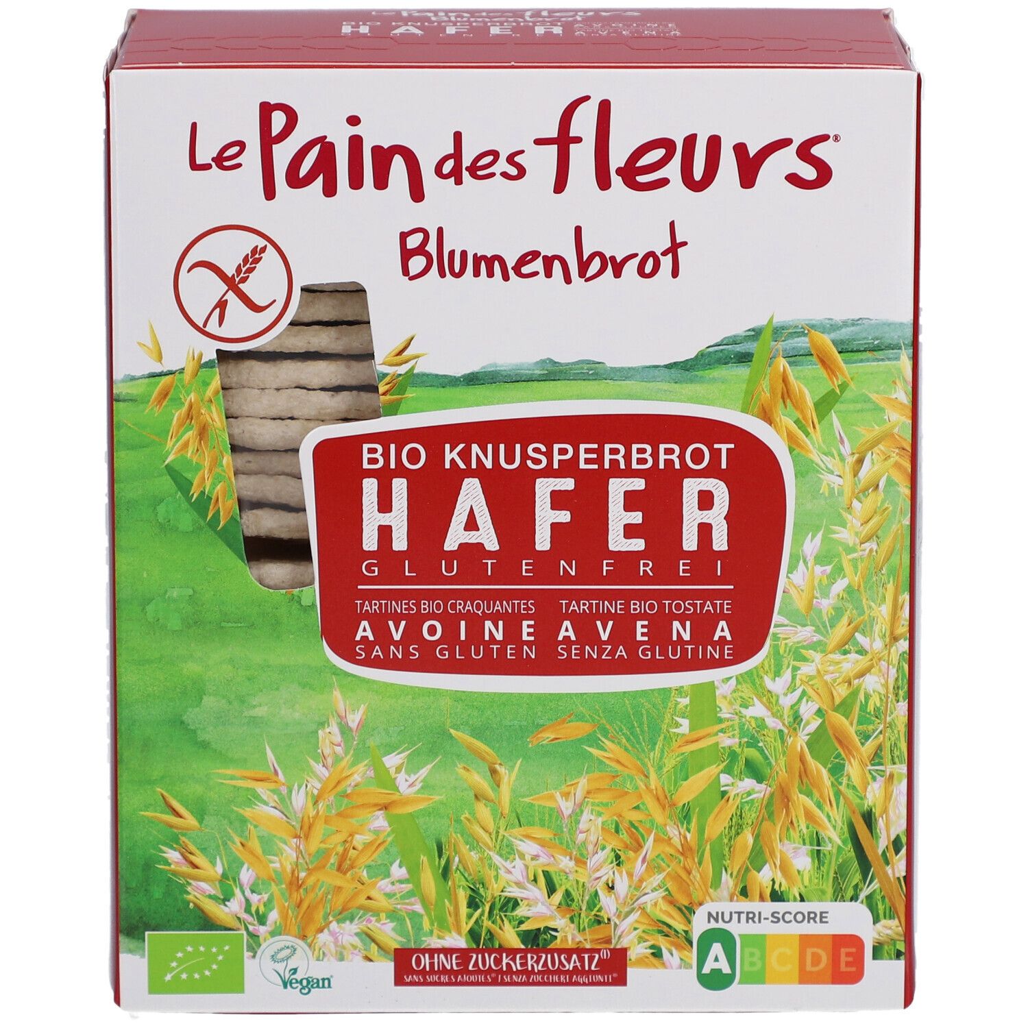 Voorkant van de verpakking Blumenbrot Bio Knusperbrot Hafer, glutenvrij. Met haverveld-design en Nutri-Score A.