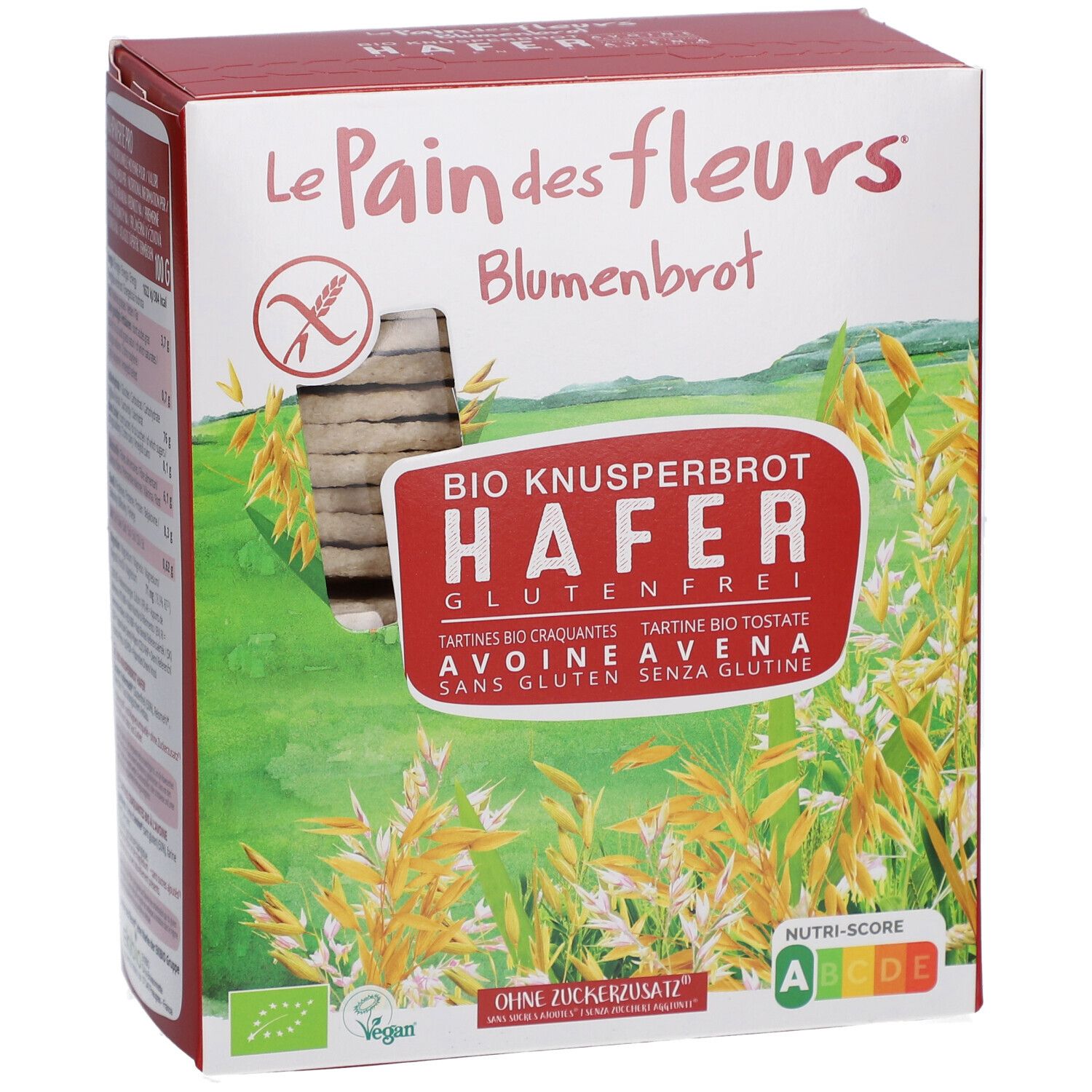 Verpakking Blumenbrot Bio Knusperbrot Hafer, glutenvrij. Met haverveld-design en Nutri-Score A.