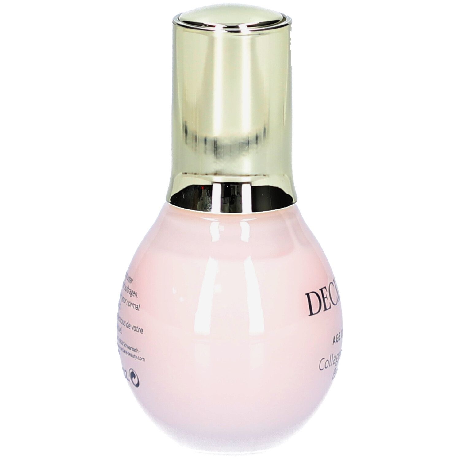 Achteraanzicht van een roze fles met gouden dop. Tekst op de fles. DECLARÉ, Collagen & Elastin Booster.