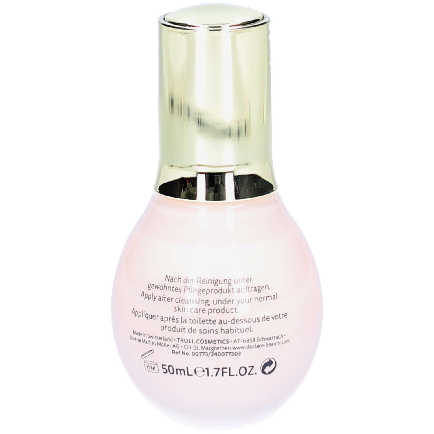 Achteraanzicht van een roze fles met gouden dop. Tekst op de fles. DECLARÉ, Collagen & Elastin Booster.