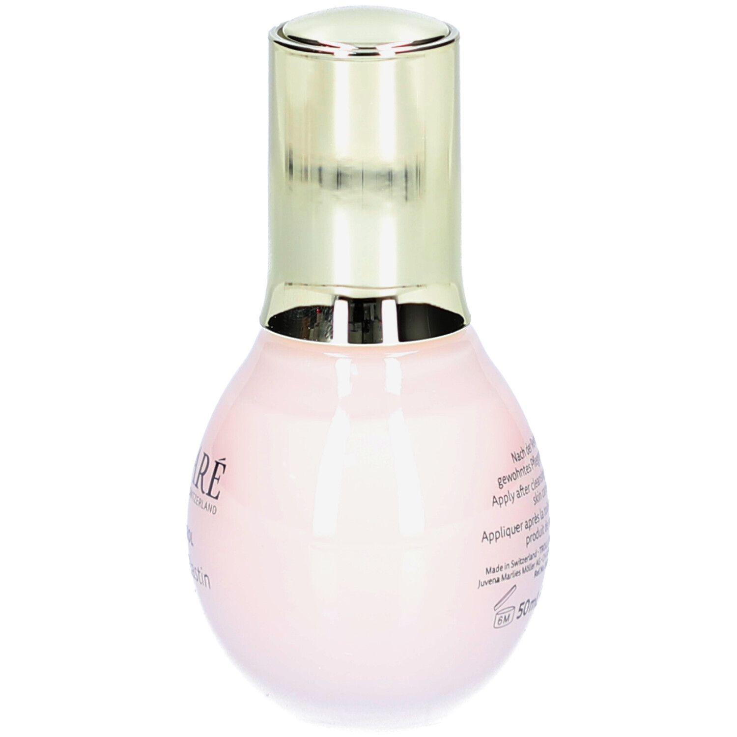 Achteraanzicht van een roze fles met gouden dop. Tekst op de fles. DECLARÉ, Collagen & Elastin Booster.