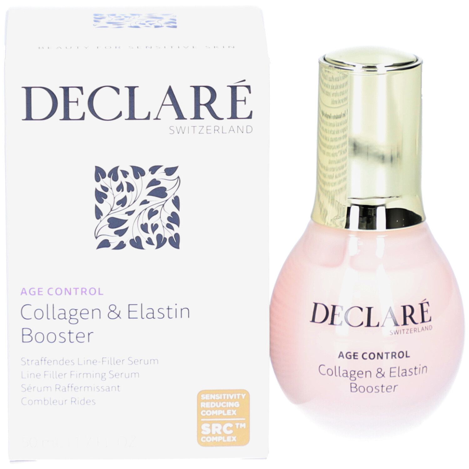 Product en verpakking. DECLARÉ, AGE CONTROL, Collagen & Elastin Booster. Witte doos.