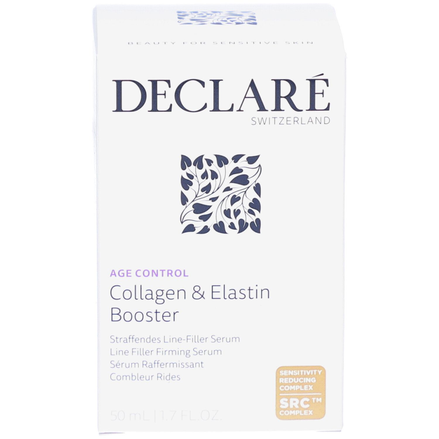 Verpakking. DECLARÉ, AGE CONTROL, Collagen & Elastin Booster. Witte doos met tekst en logo.