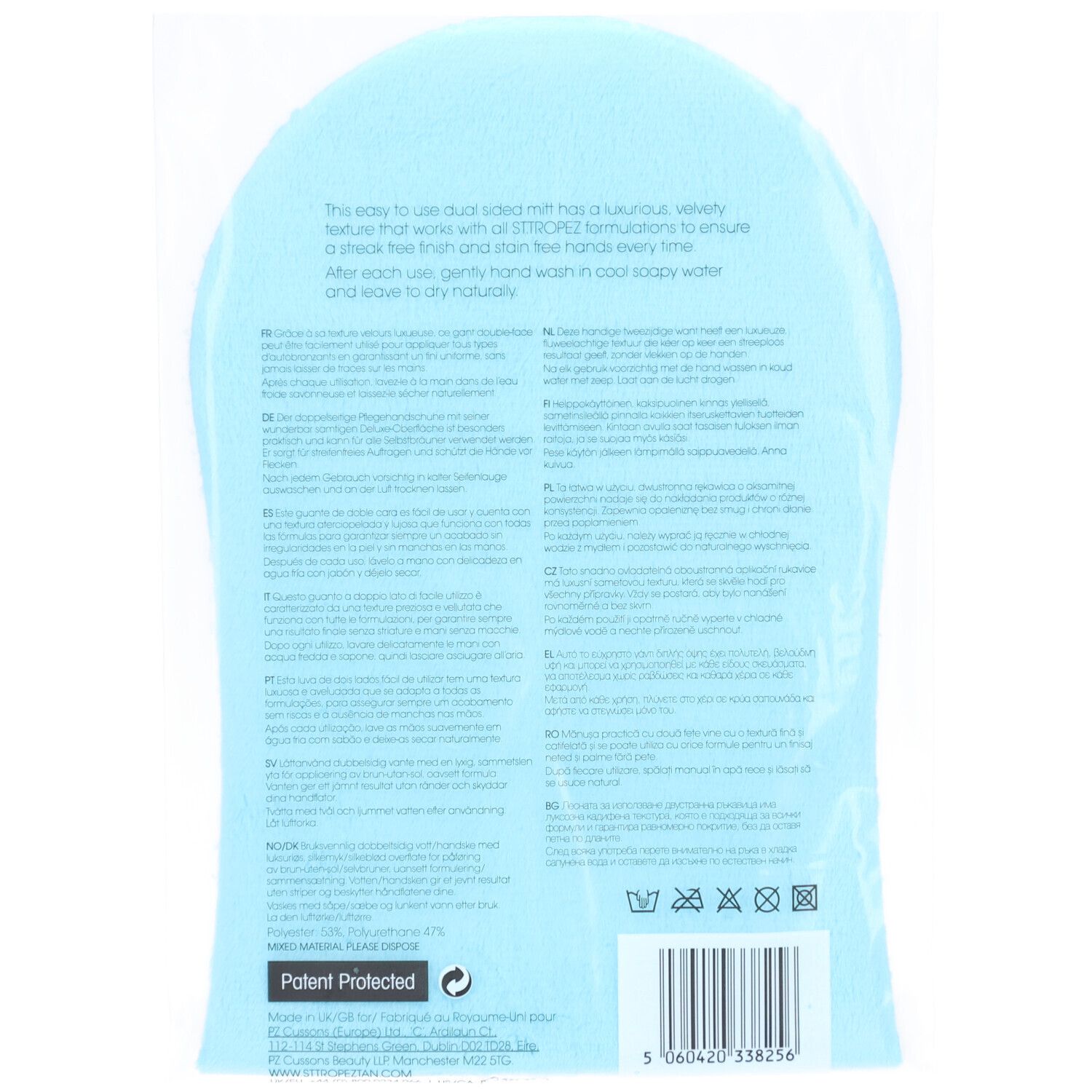 Achterkant van applicatorhandschoen in verpakking. Tekst: ST. TROPEZ, instructies, Patent Protected, wassymbolen.