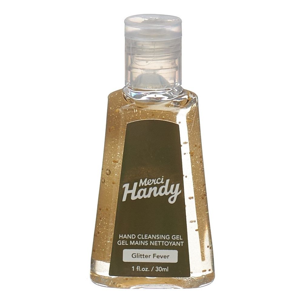 Handreinigingsgel met glitter. Transparant flesje met klapdeksel. Etiket met tekst Merci Handy en Glitter Fever.