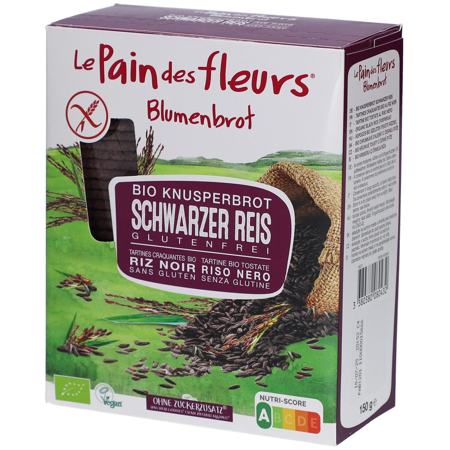Verpakking van Blumenbrot. Opschrift: BIO Knusperbrot Schwarzer Reis Glutenfrei. Vegan, zonder toegevoegde suiker. Nutri-Score A-B.