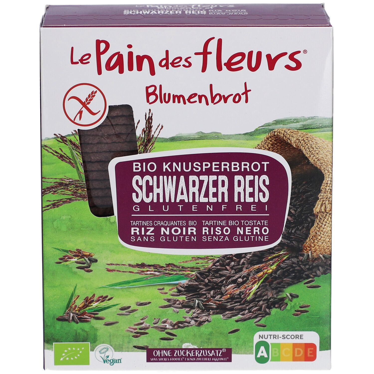 Verpakking van Blumenbrot. Opschrift: BIO Knusperbrot Schwarzer Reis Glutenfrei. Vegan, zonder toegevoegde suiker. Nutri-Score A-B. Productweergave.