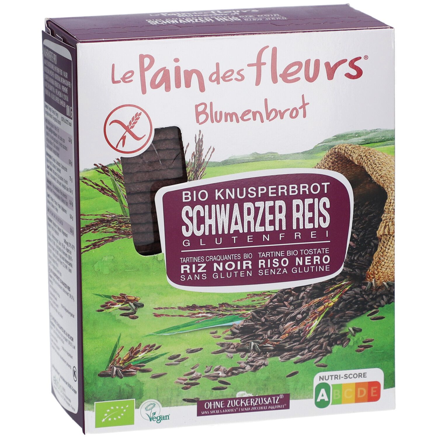 Verpakking van Blumenbrot. Opschrift: BIO Knusperbrot Schwarzer Reis Glutenfrei. Vegan, zonder toegevoegde suiker. Nutri-Score A-B. Productweergave.