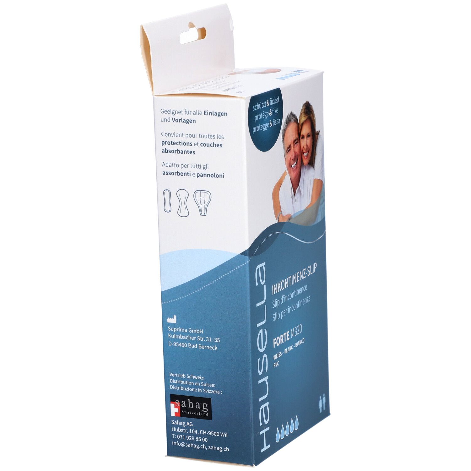 Emballage ouvert HAUSELLA Inkon-Slip Forte M320. Nom du produit, logo et illustrations.