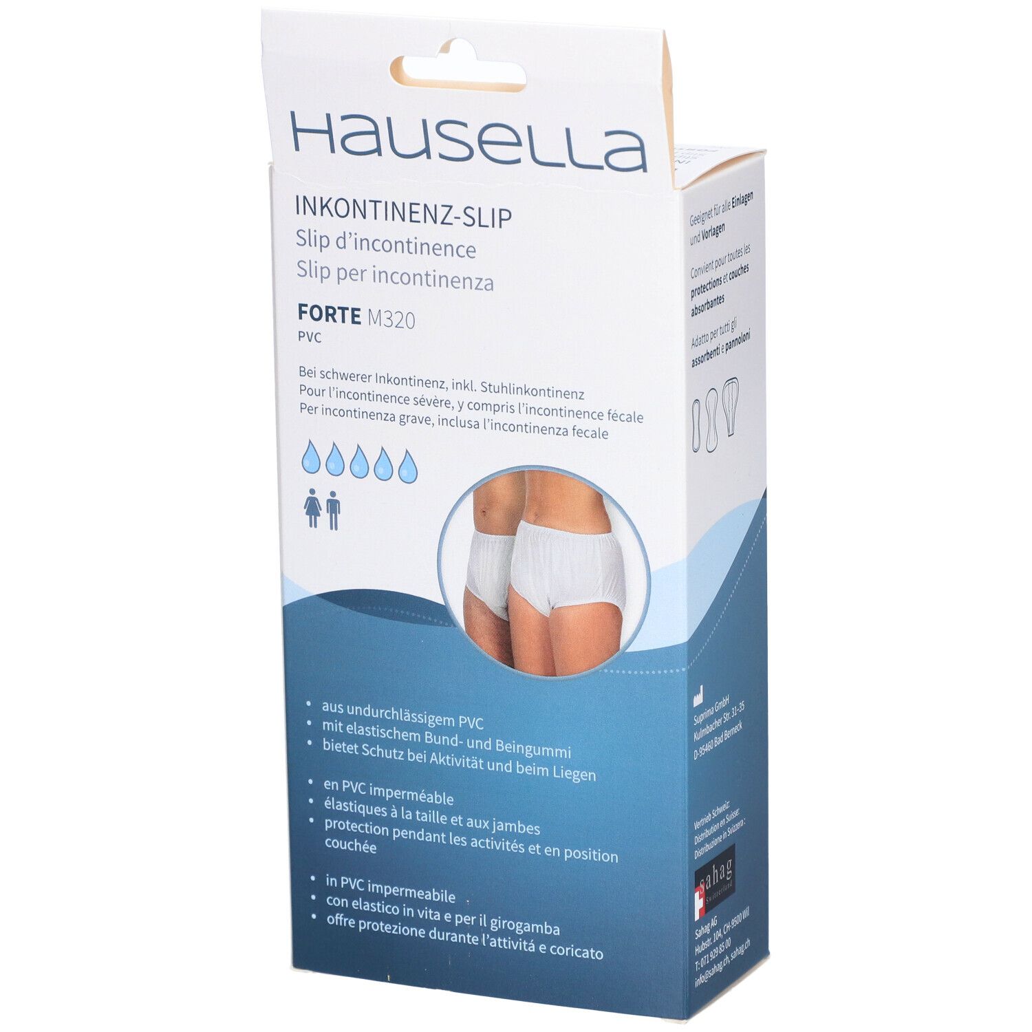 Emballage HAUSELLA Inkon-Slip Forte M320. Nom du produit, logo, illustration d'une culotte d'incontinence.
