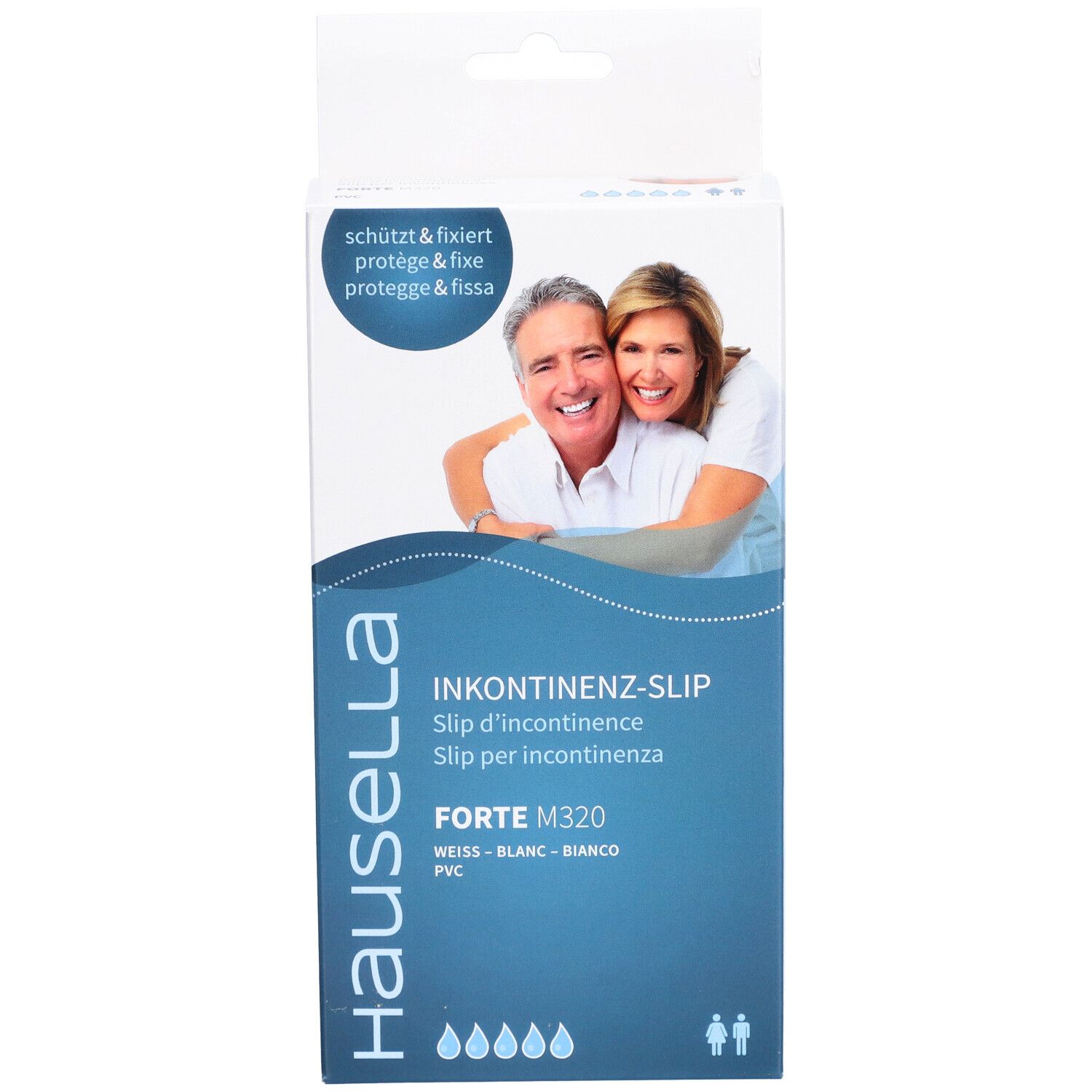 Emballage HAUSELLA Inkon-Slip Forte M320. Nom du produit, logo et image d'un couple.