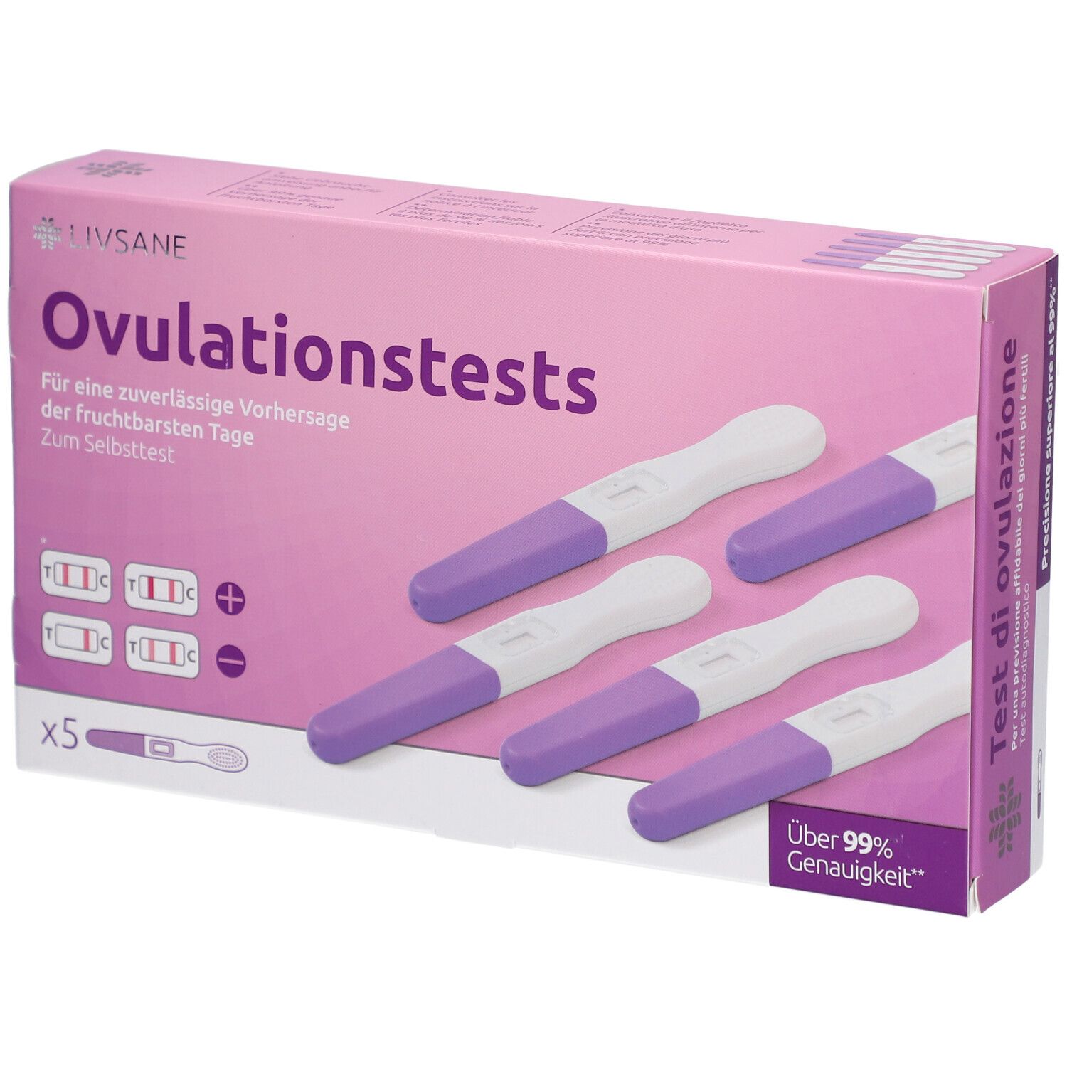 Verpakking LIVSANE ovulatietests met 5 teststrips. Paarse en witte teststrips liggen naast de verpakking. Op de verpakking staat "Ovulatietests".