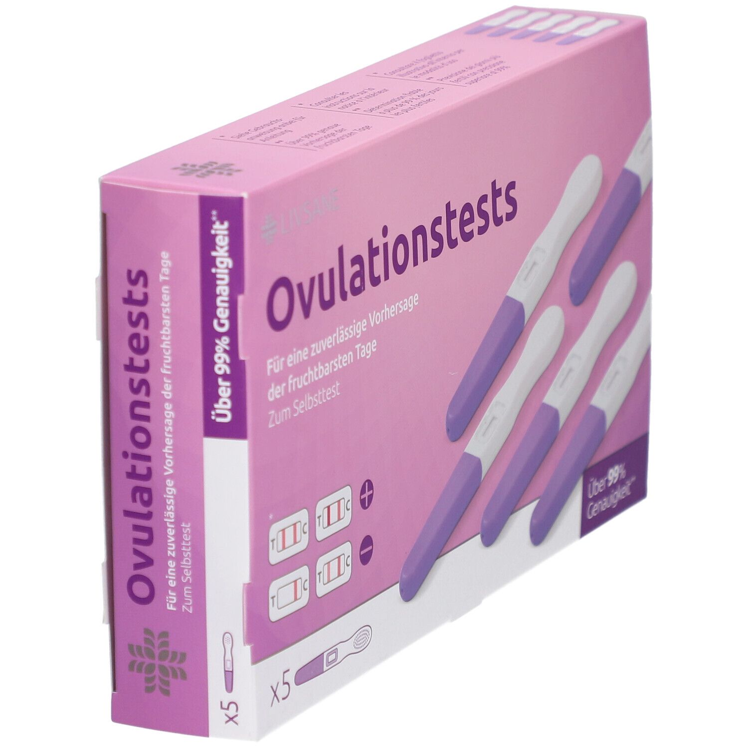 Verpakking LIVSANE ovulatietests. Op de verpakking staat "Ovulatietests". Paarse en witte teststrips zijn zichtbaar. De verpakking is roze.