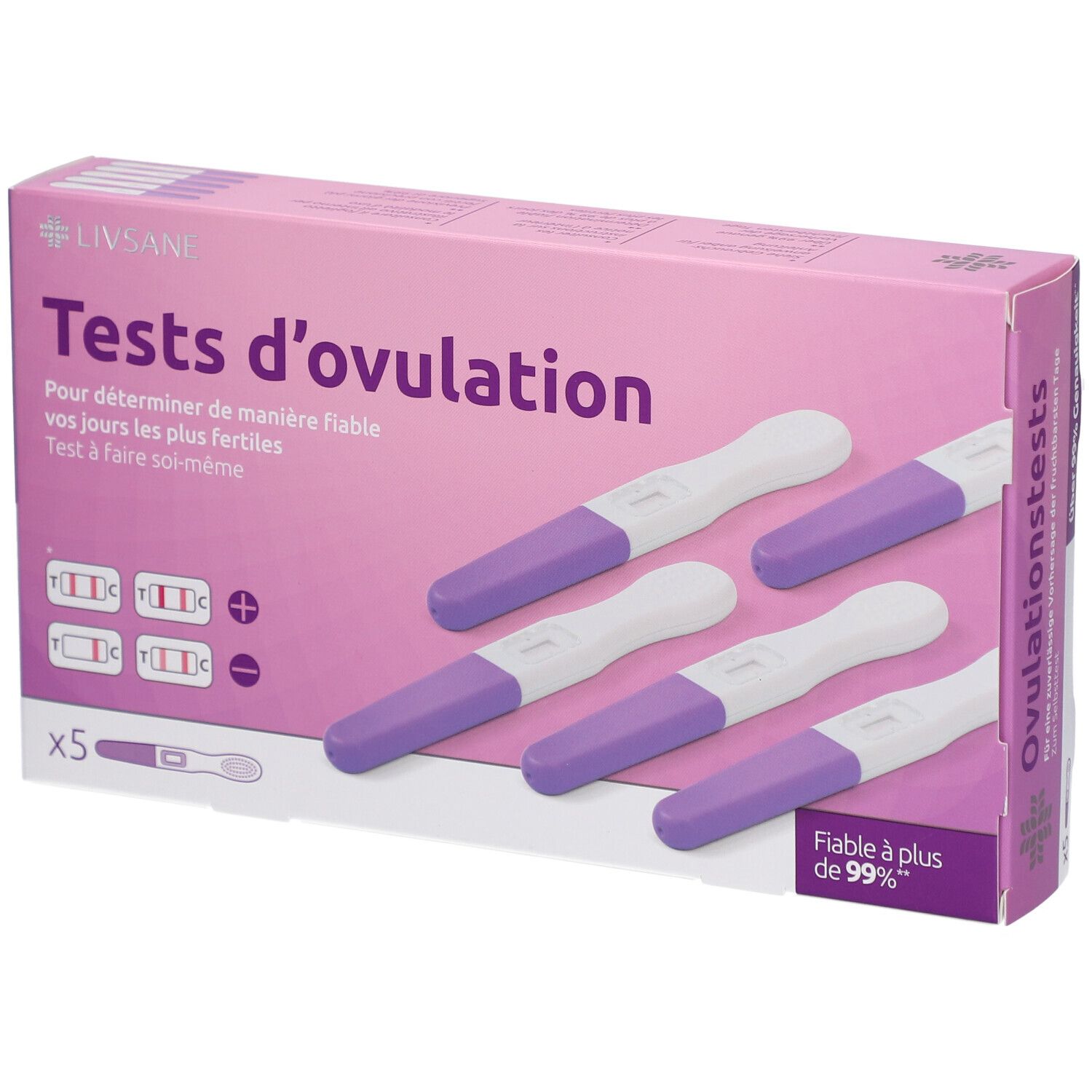 Verpakking LIVSANE ovulatietests. Op de verpakking staat "Tests d'ovulation". Paarse en witte teststrips zijn zichtbaar. De verpakking is roze.