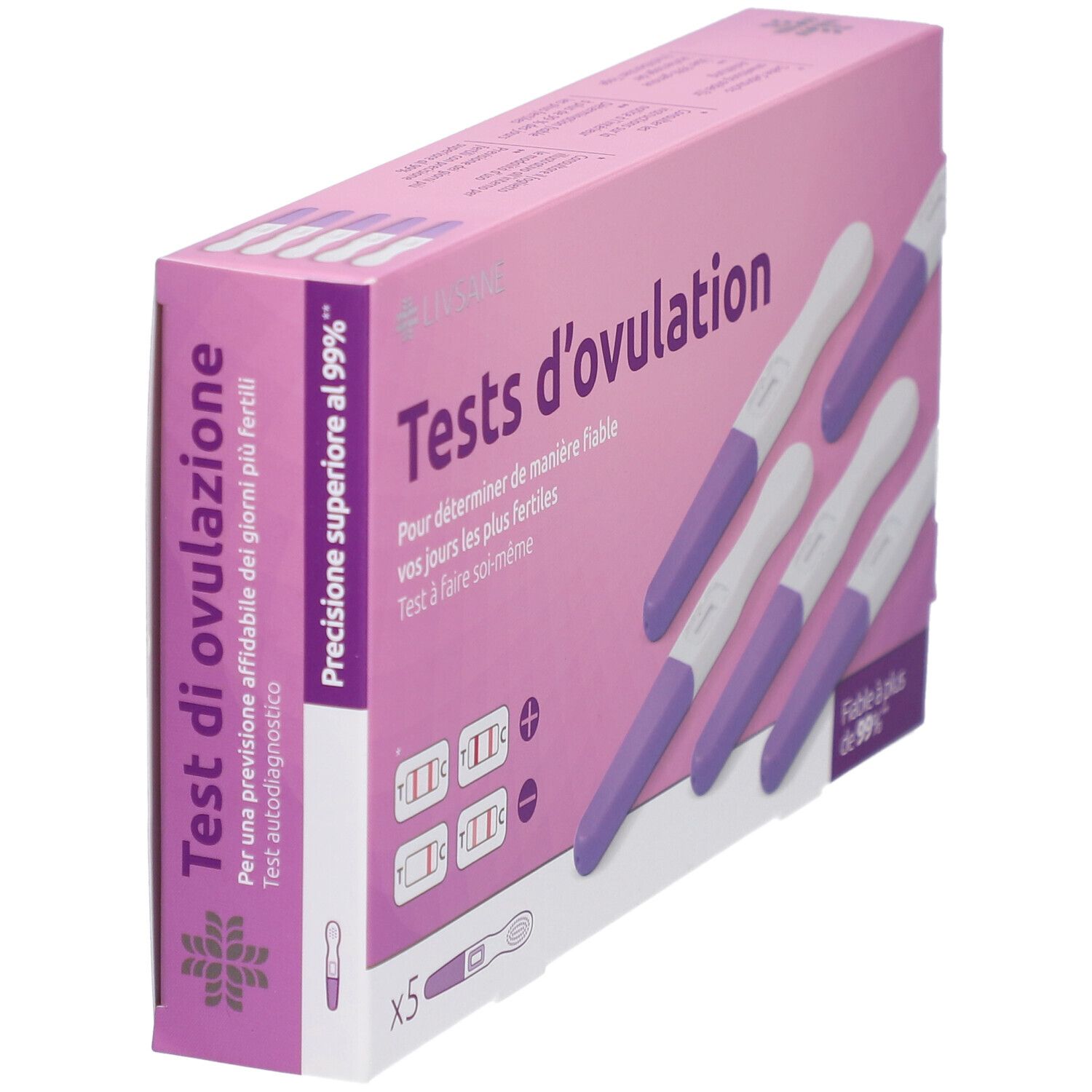 Verpakking LIVSANE ovulatietests. Op de verpakking staat "Tests d'ovulation". Paarse en witte teststrips zijn zichtbaar. De verpakking is roze.