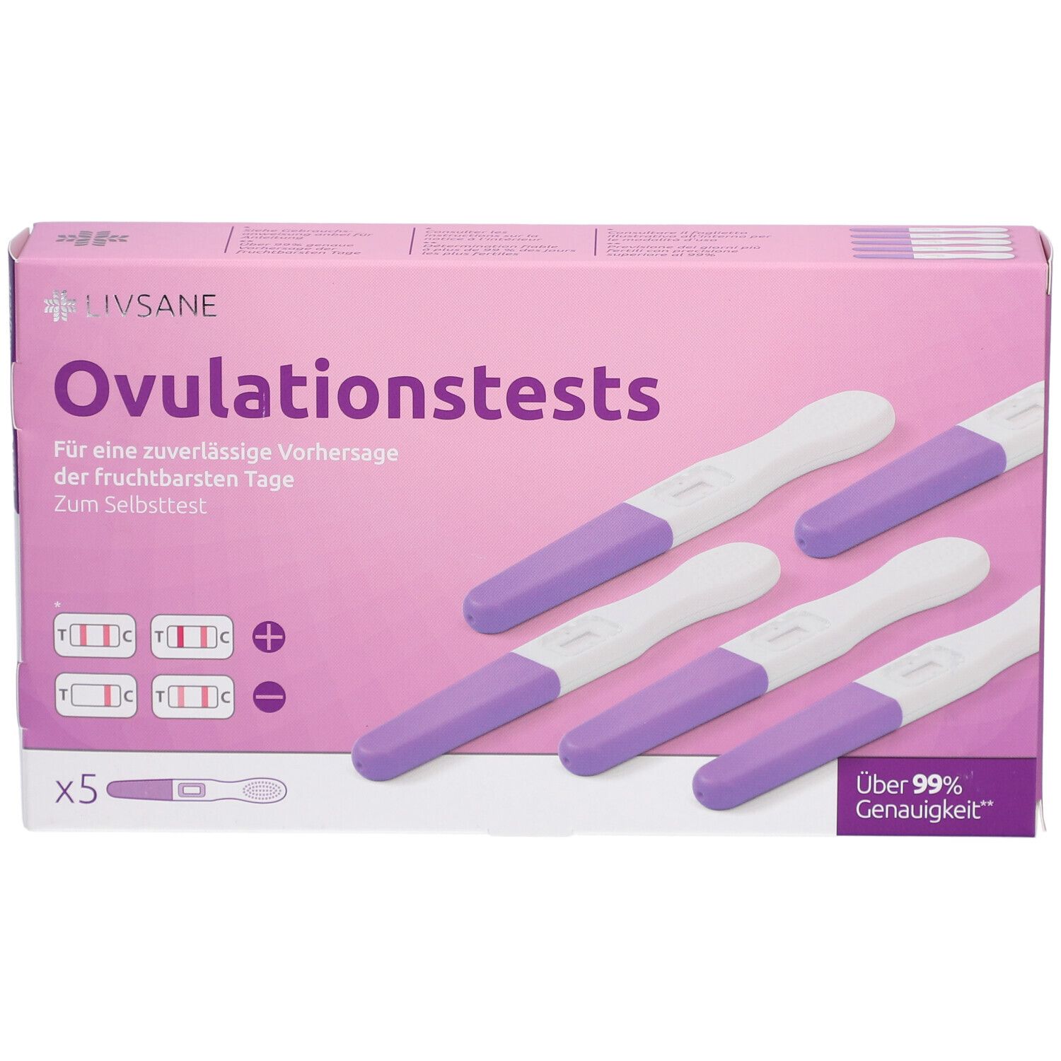 Verpakking LIVSANE ovulatietests met 5 teststrips. Paarse en witte teststrips liggen naast de verpakking. Op de verpakking staat "Ovulatietests".
