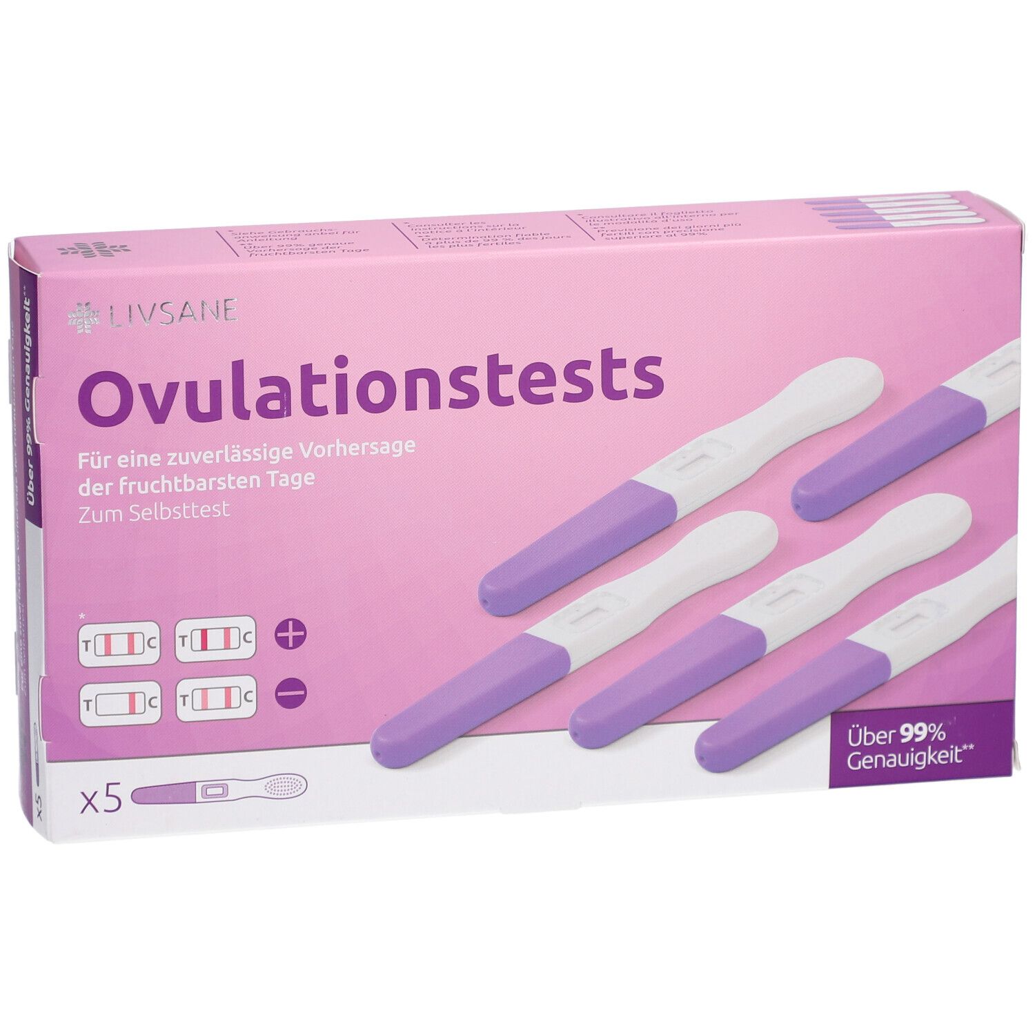 Verpakking LIVSANE ovulatietests met 5 teststrips. Paarse en witte teststrips liggen naast de verpakking. Op de verpakking staat "Ovulatietests".