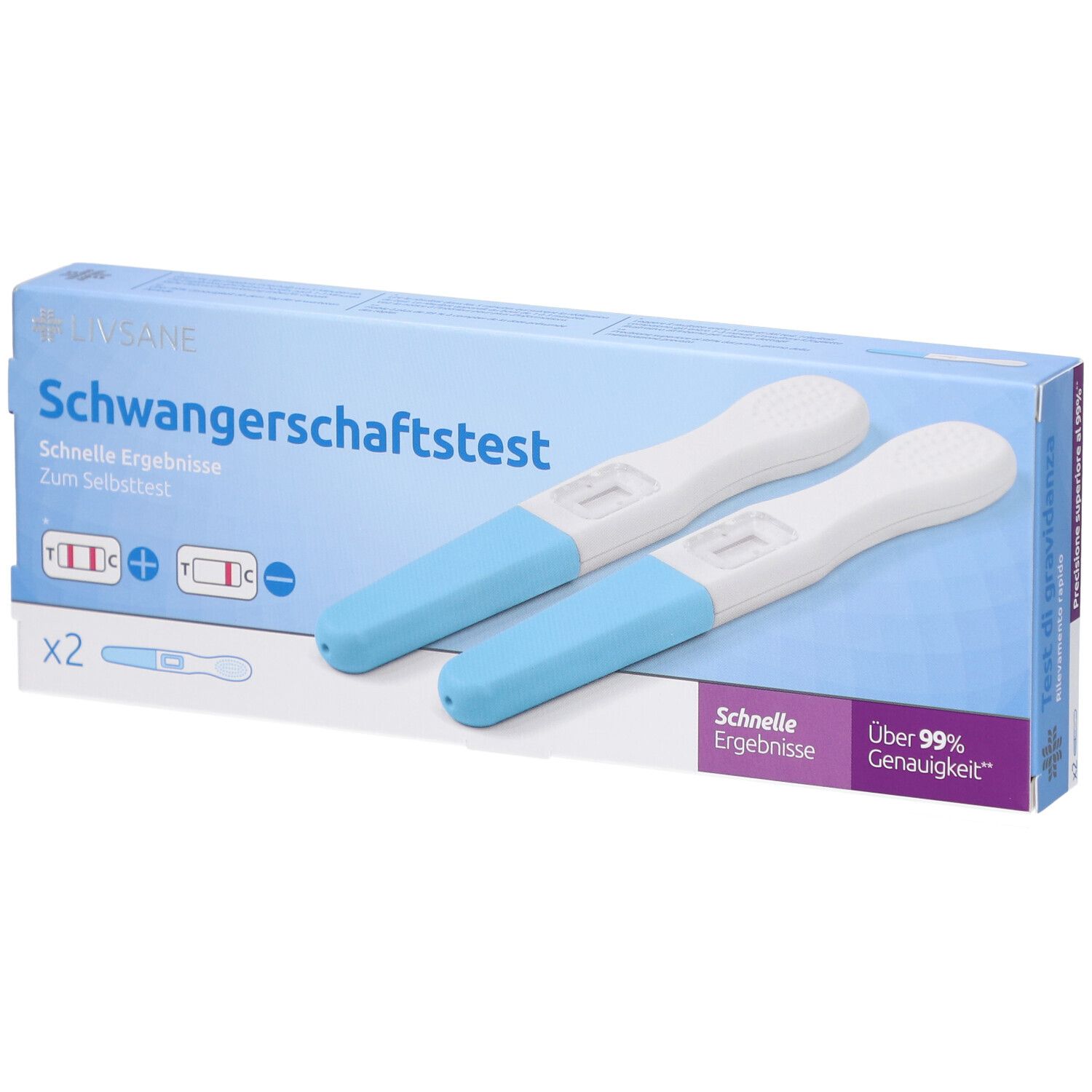 Boîte de deux tests de grossesse. Tests bleus et blancs à côté de l'emballage. Inscription: Test de grossesse.