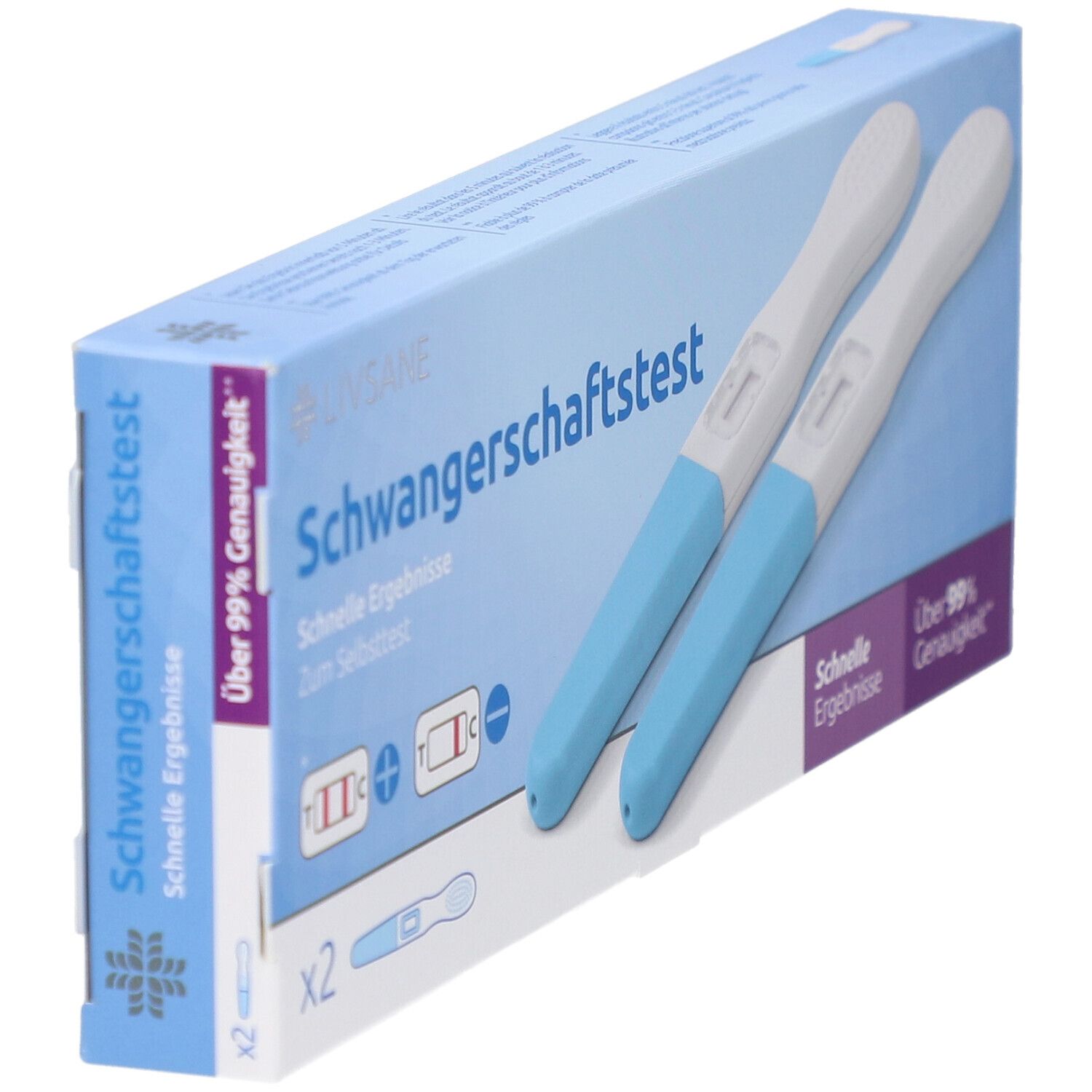 Boîte de deux tests de grossesse. Tests bleus et blancs à côté de l'emballage. Inscription: Test de grossesse.