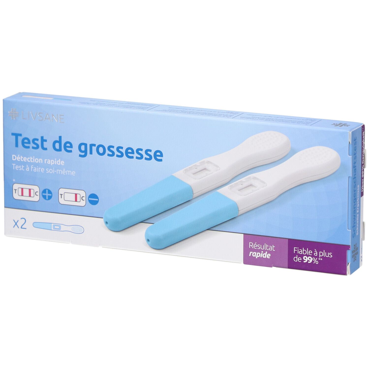 Boîte de deux tests de grossesse. Tests bleus et blancs à côté de l'emballage. Inscription: Test de grossesse.
