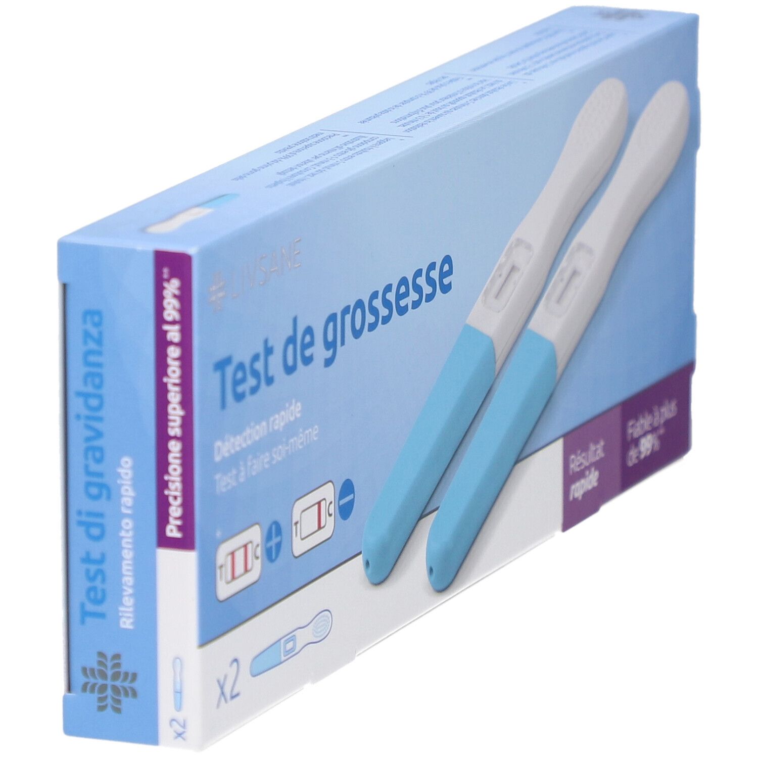 Boîte de deux tests de grossesse. Tests bleus et blancs à côté de l'emballage. Inscription: Test de grossesse.