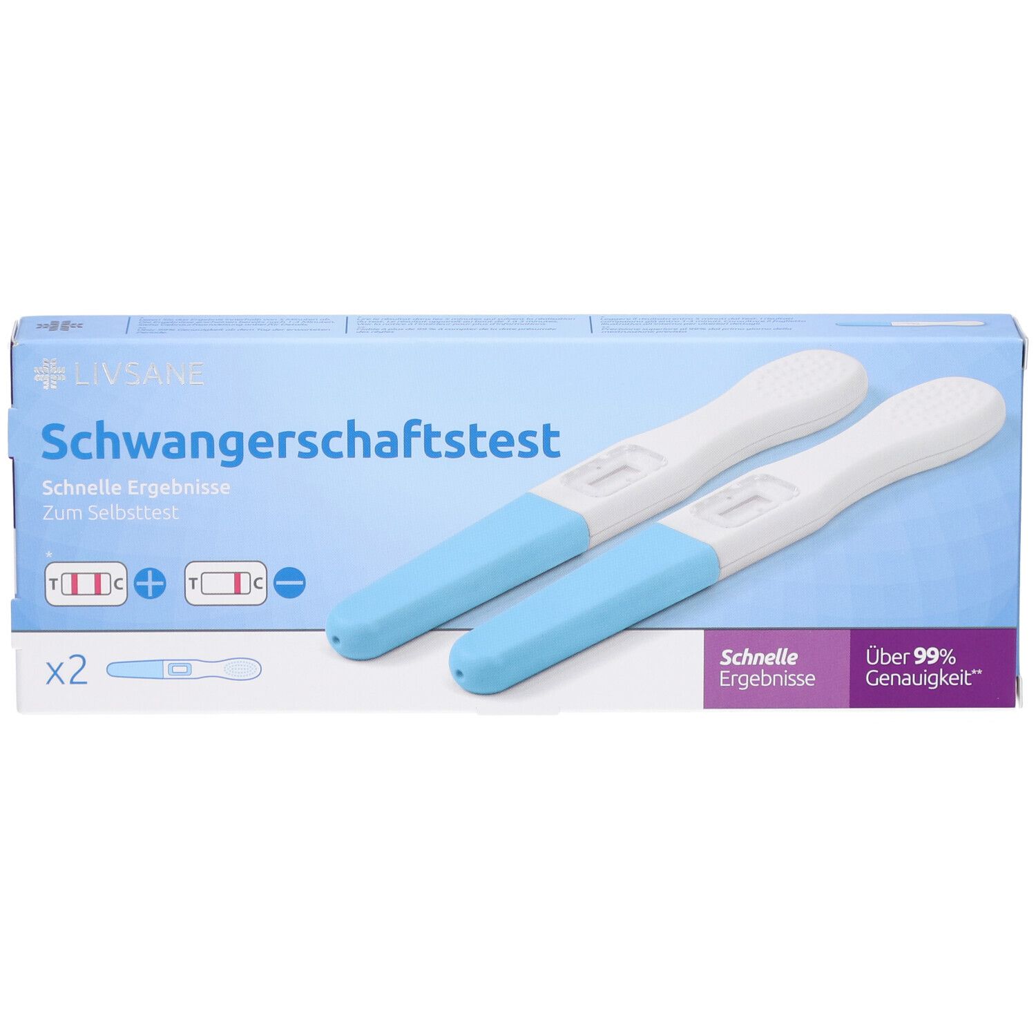 Boîte de deux tests de grossesse. Tests bleus et blancs à côté de l'emballage. Inscription: Test de grossesse.