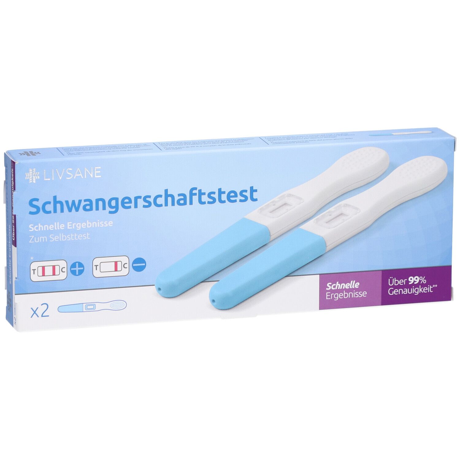 Boîte de deux tests de grossesse. Tests bleus et blancs à côté de l'emballage. Inscription: Test de grossesse.