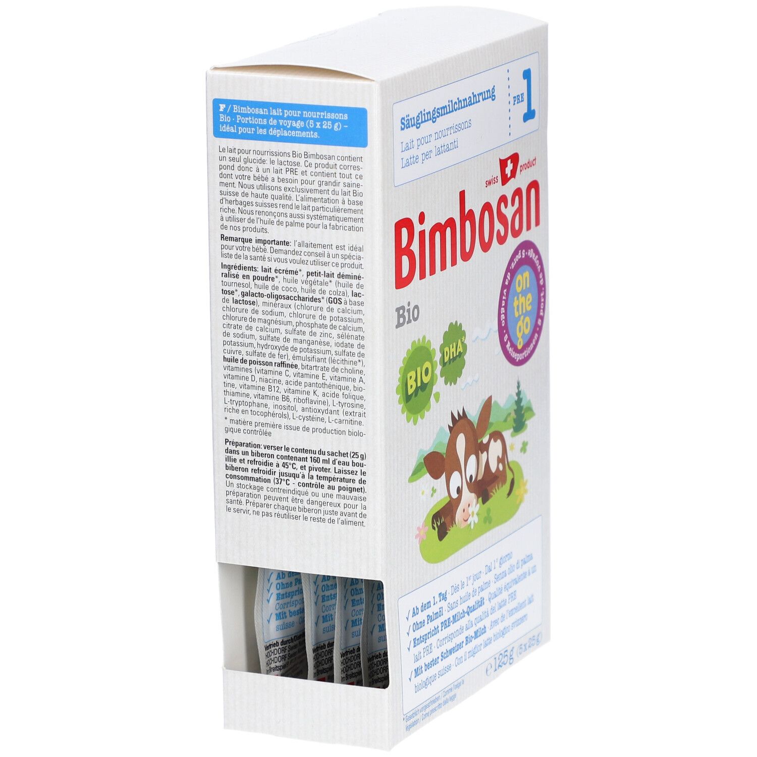 Open verpakking van Bimbosan Bio Säuglingsmilchnahrung PRE 1. Enkele porties zichtbaar. Productnaam en logo op de verpakking.