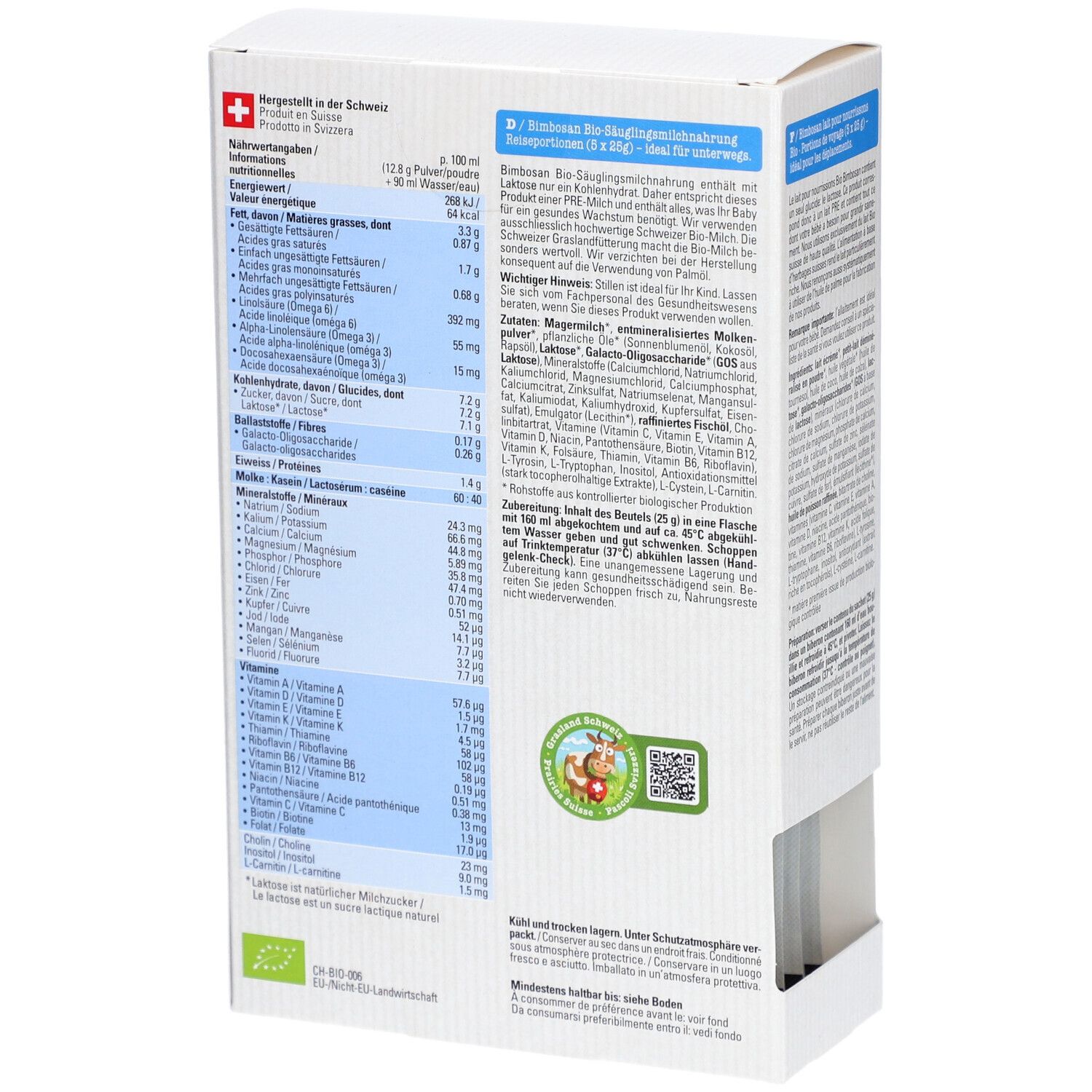 Achterkant van de verpakking Bimbosan Bio Säuglingsmilchnahrung PRE 1. Voedingswaarde, ingrediënten en teksten in meerdere talen.