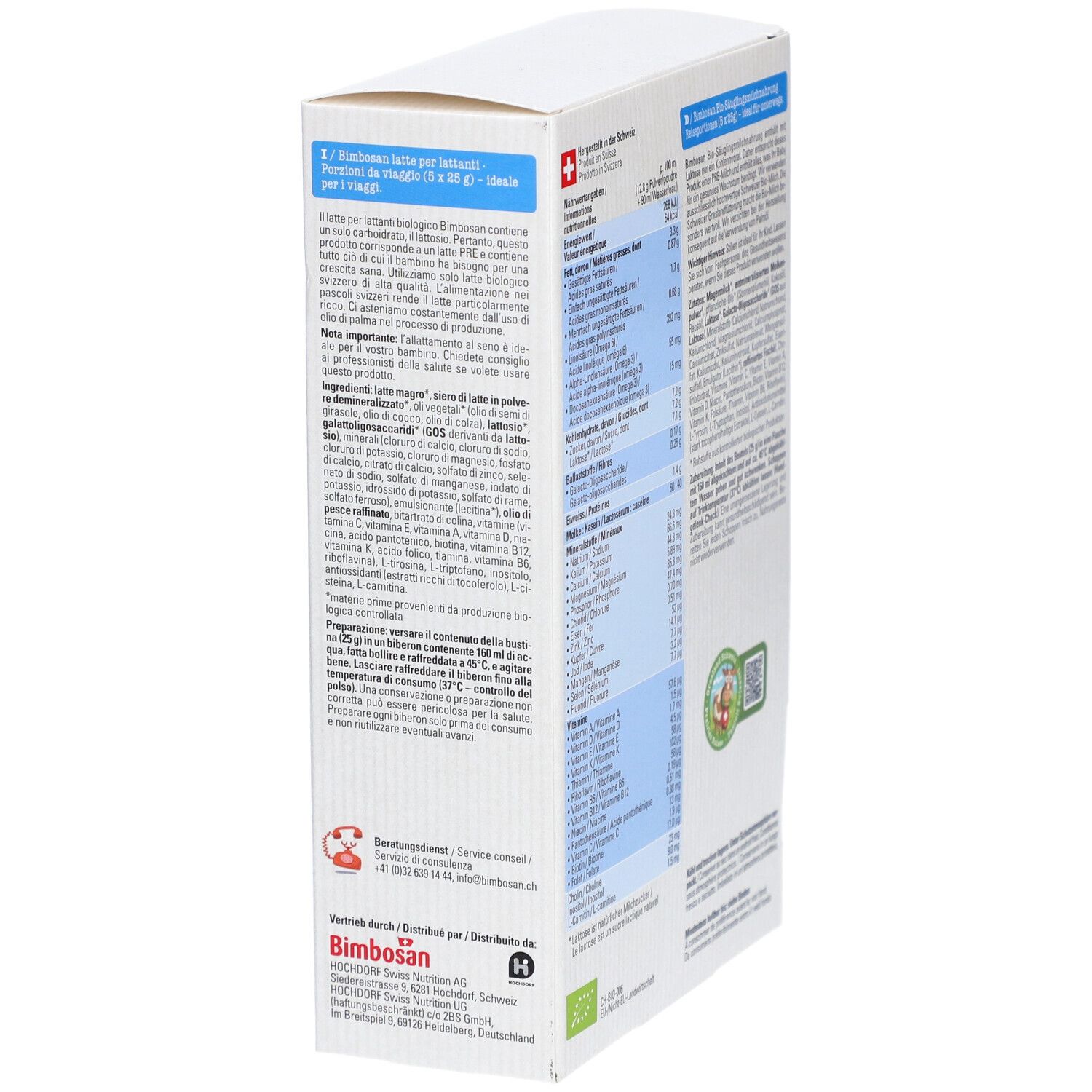 Zijkant van de verpakking Bimbosan Bio Säuglingsmilchnahrung PRE 1. Teksten in meerdere talen, voedingswaarde en fabrikantinformatie.