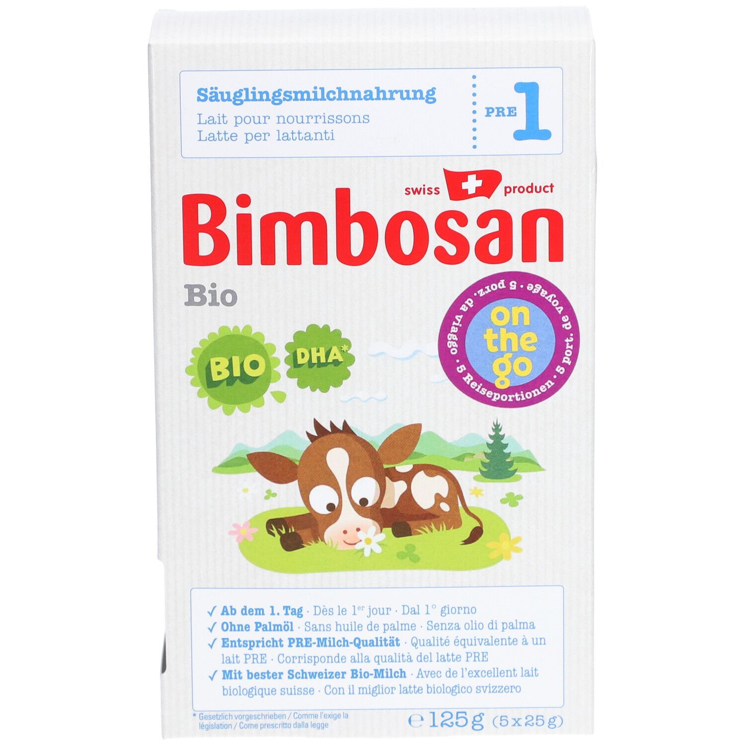 Voorkant van de verpakking Bimbosan Bio Säuglingsmilchnahrung PRE 1. Productnaam, logo, koe-illustratie en teksten in het Duits, Frans en Italiaans.