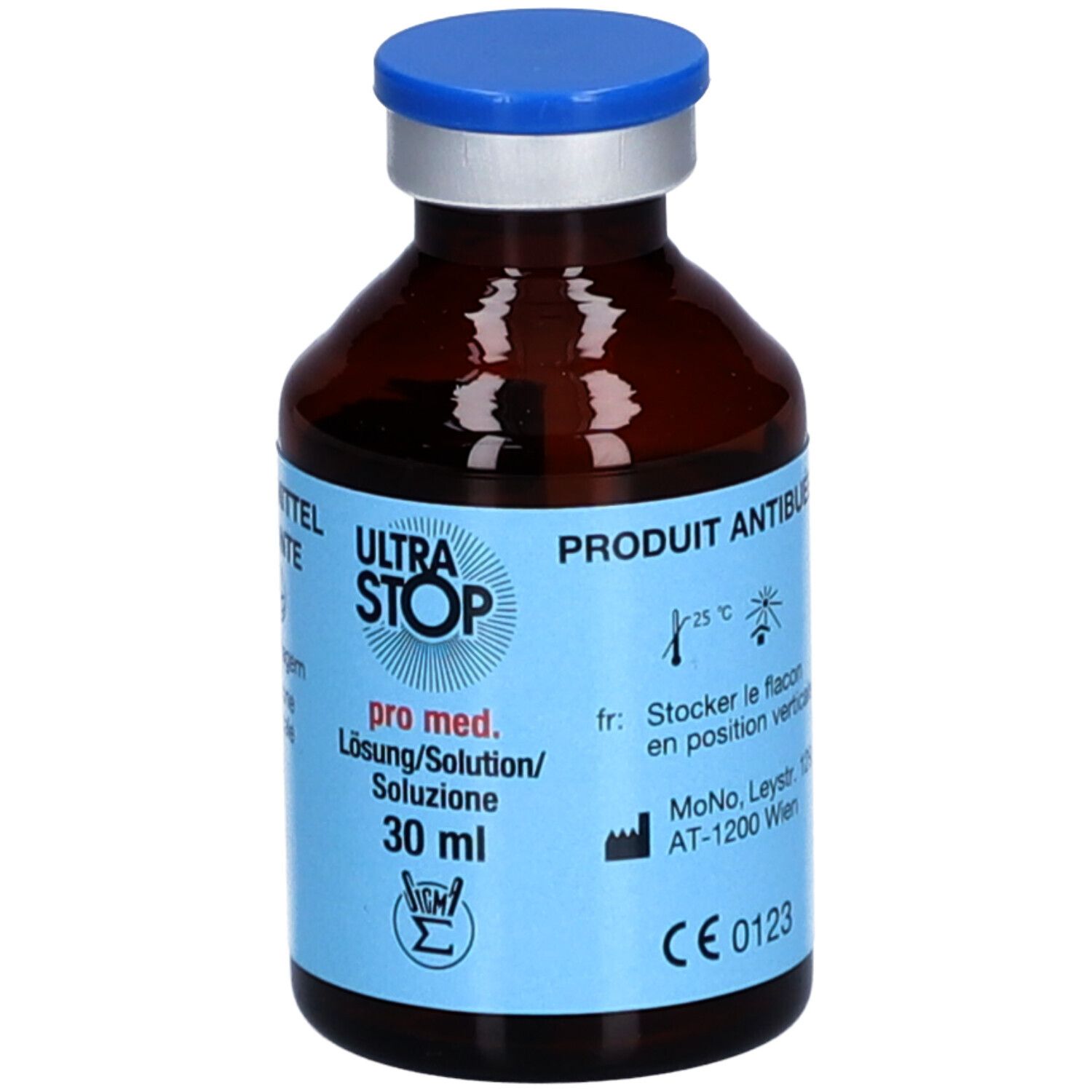 ULTRA STOP pro med. agent antibuée, solution 30ml dans une bouteille en verre brun avec bouchon bleu.