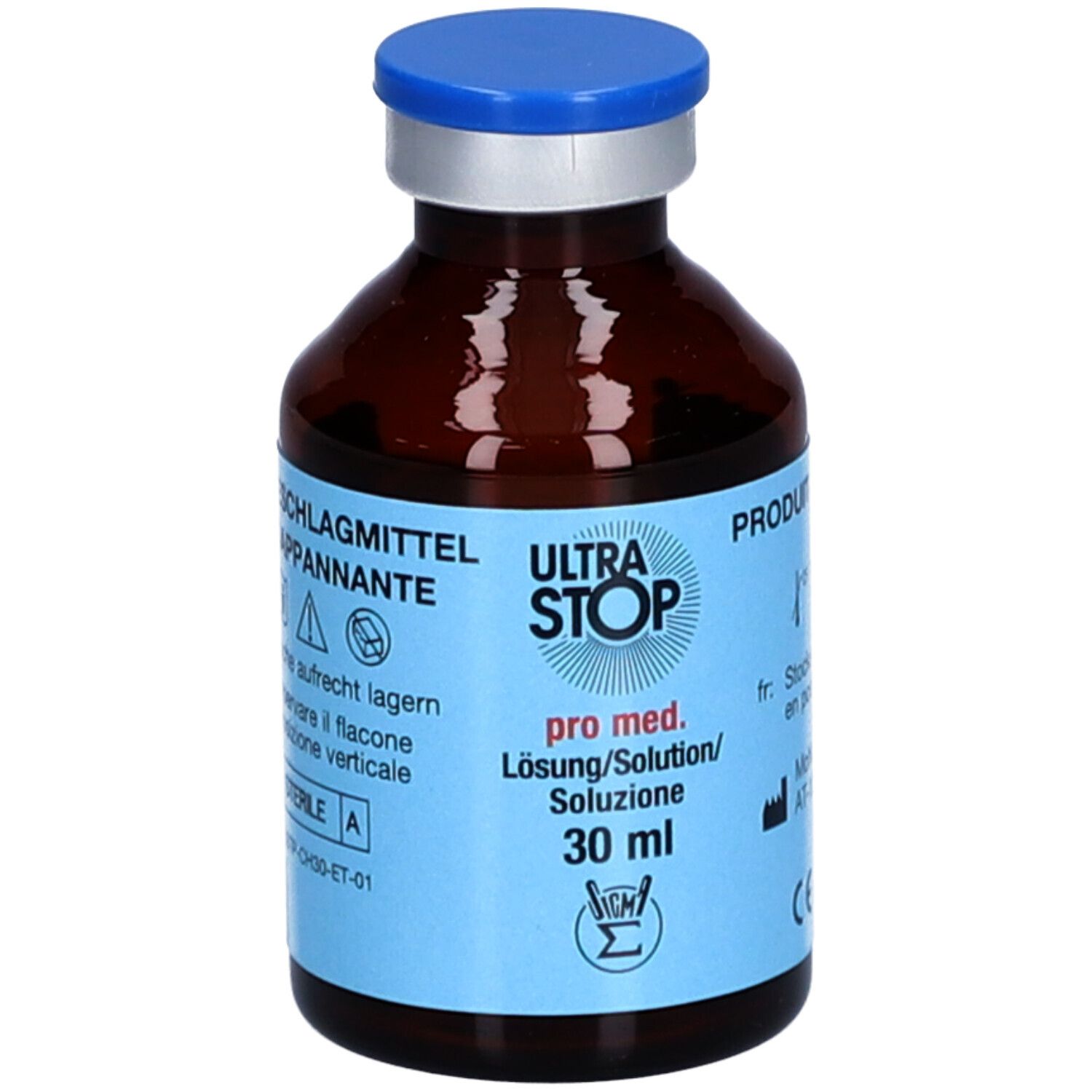 ULTRA STOP pro med. agent antibuée, solution 30ml dans une bouteille en verre brun avec bouchon bleu.