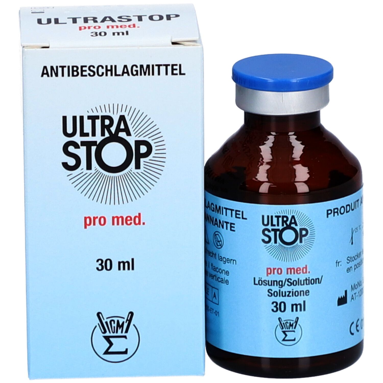 ULTRA STOP pro med. agent antibuée, solution 30ml dans une bouteille en verre brun avec bouchon bleu.