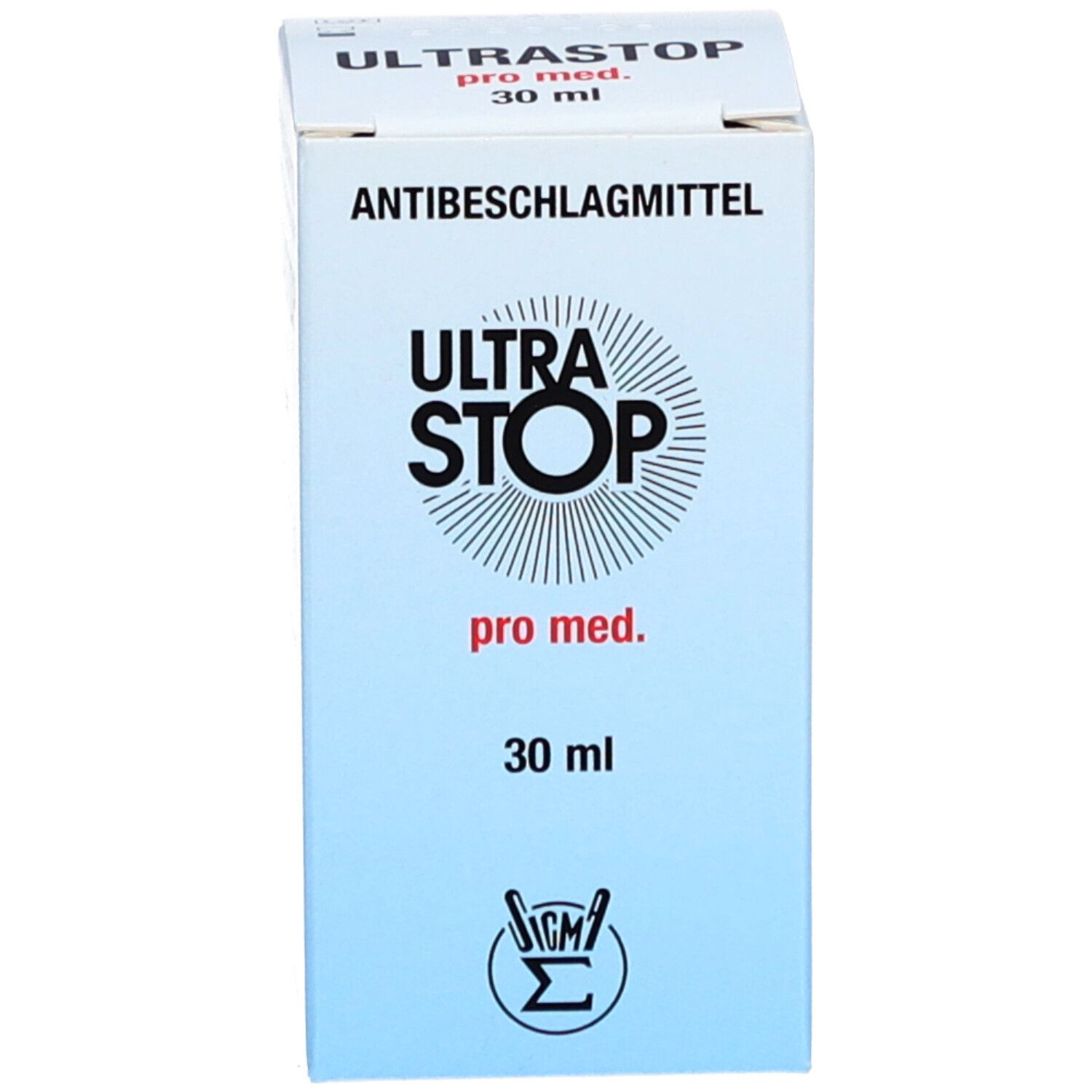 ULTRA STOP pro med. agent antibuée, solution 30ml dans une bouteille en verre brun avec bouchon bleu.
