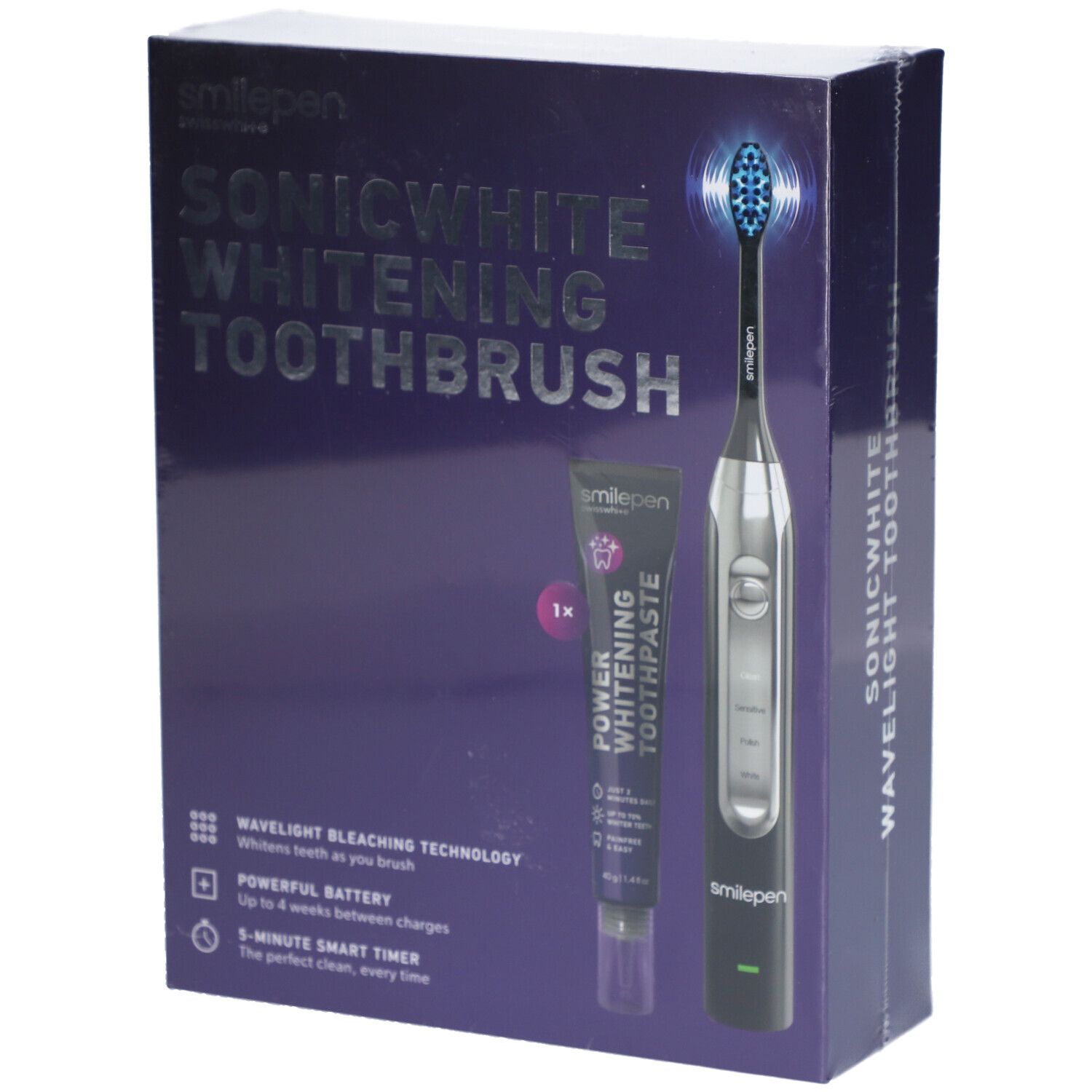 Emballage avec brosse à dents Sonicwhite Whitening, dentifrice et accessoires. Inscription : smilepen, Sonicwhite Whitening Toothbrush.