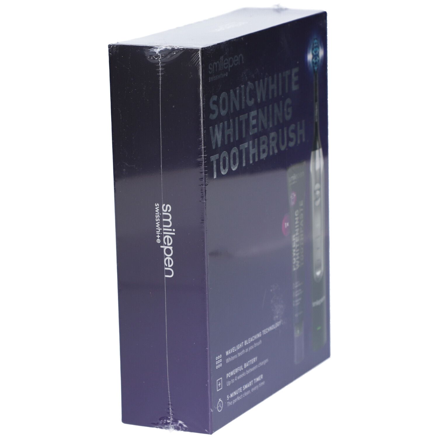 Boîte de produit emballée avec brosse à dents Sonicwhite Whitening. Inscription : smilepen, Sonicwhite Whitening Toothbrush.