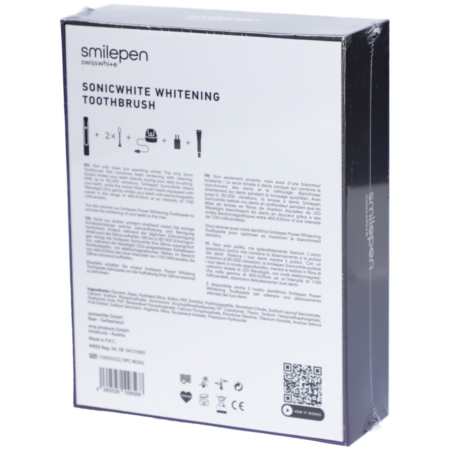 Dos de la boîte du produit avec texte et icônes. Inscription : smilepen, Sonicwhite Whitening Toothbrush. Contient des informations.