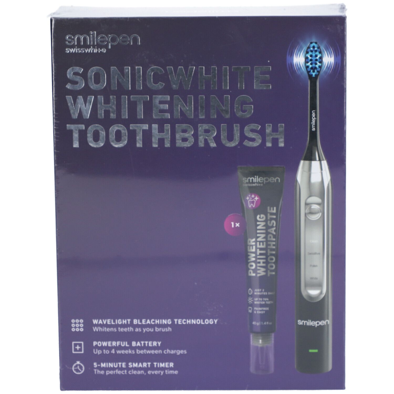 Emballage avec brosse à dents Sonicwhite Whitening, dentifrice. Inscription : smilepen, Sonicwhite Whitening Toothbrush, Power Whitening Toothpaste.