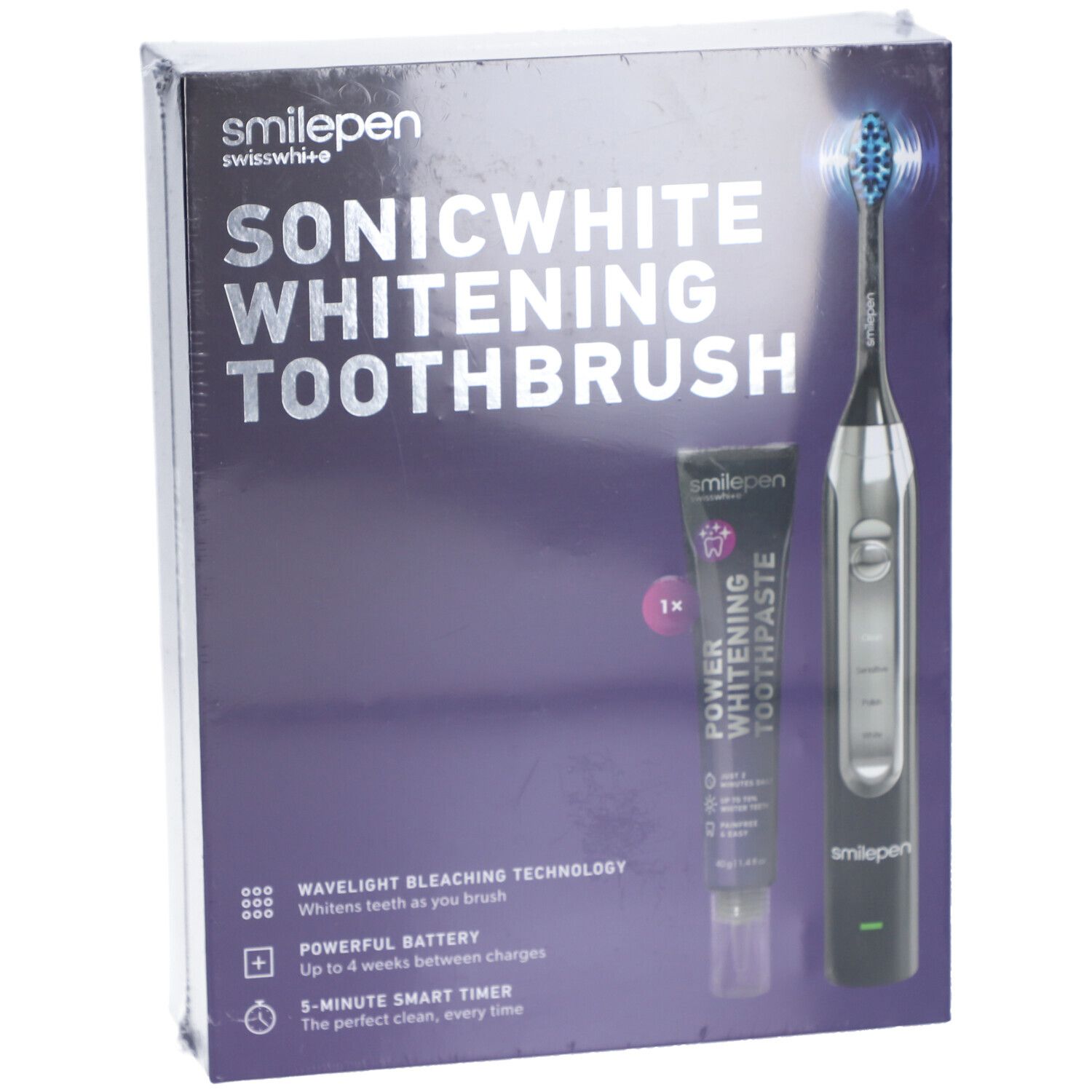 Emballage avec brosse à dents Sonicwhite Whitening, dentifrice. Inscription : smilepen, Sonicwhite Whitening Toothbrush, Power Whitening Toothpaste.