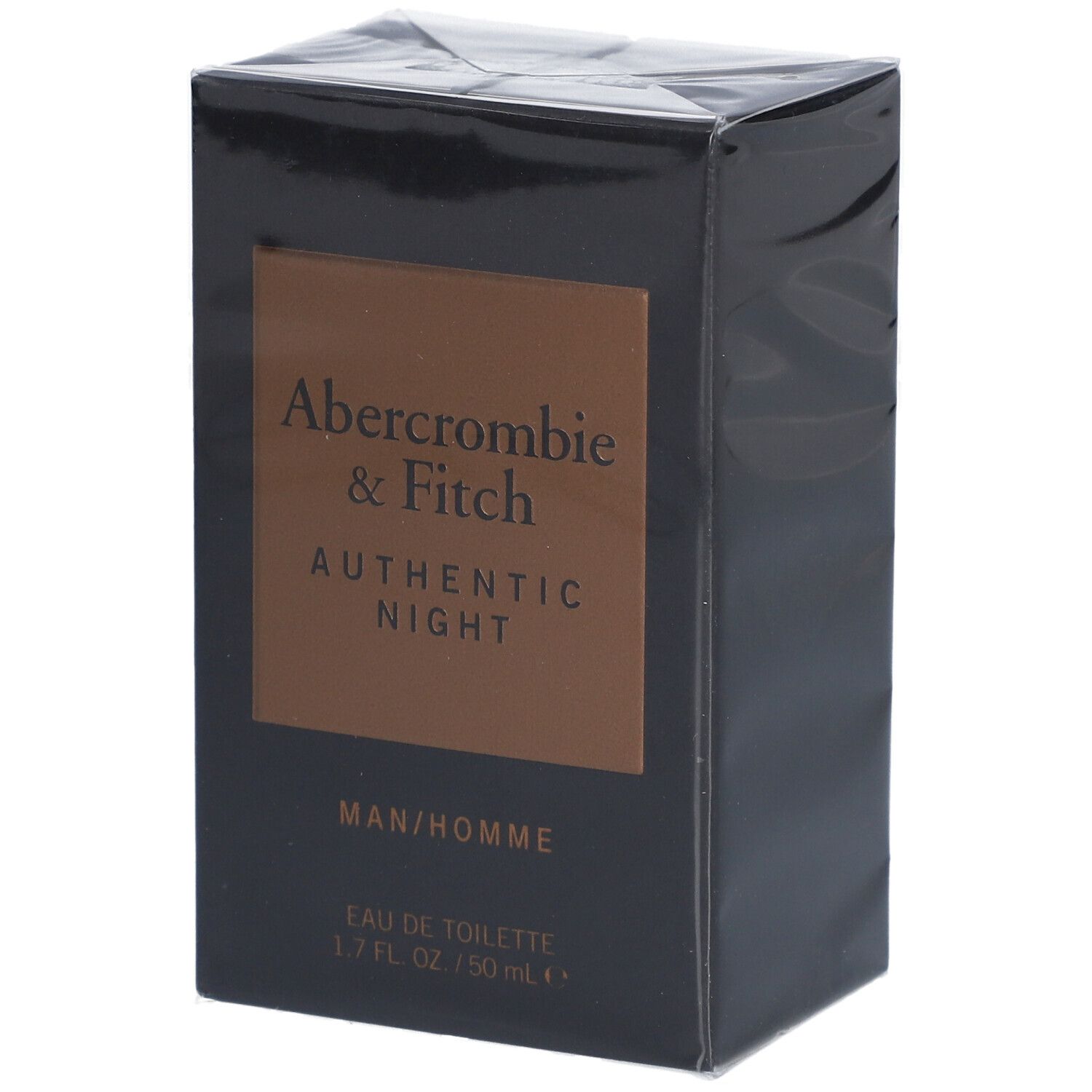 Zwarte doos met Abercrombie & Fitch Authentic Night. Opschrift: MAN/HOMME, Eau de Toilette, 1.7 FL. OZ. / 50 mL.