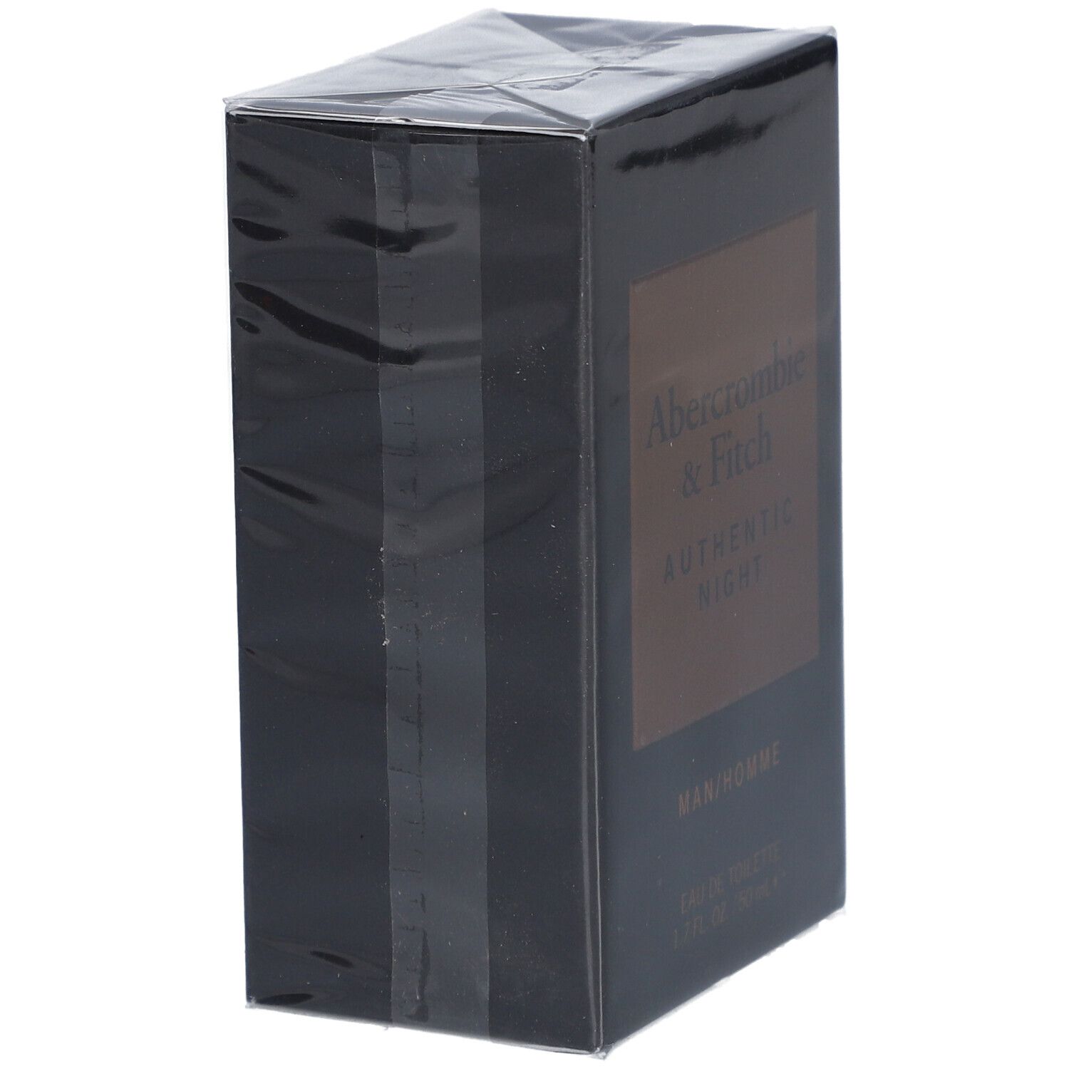 Zwarte doos Abercrombie & Fitch Authentic Night, verpakt. Opschrift: MAN/HOMME, Eau de Toilette.