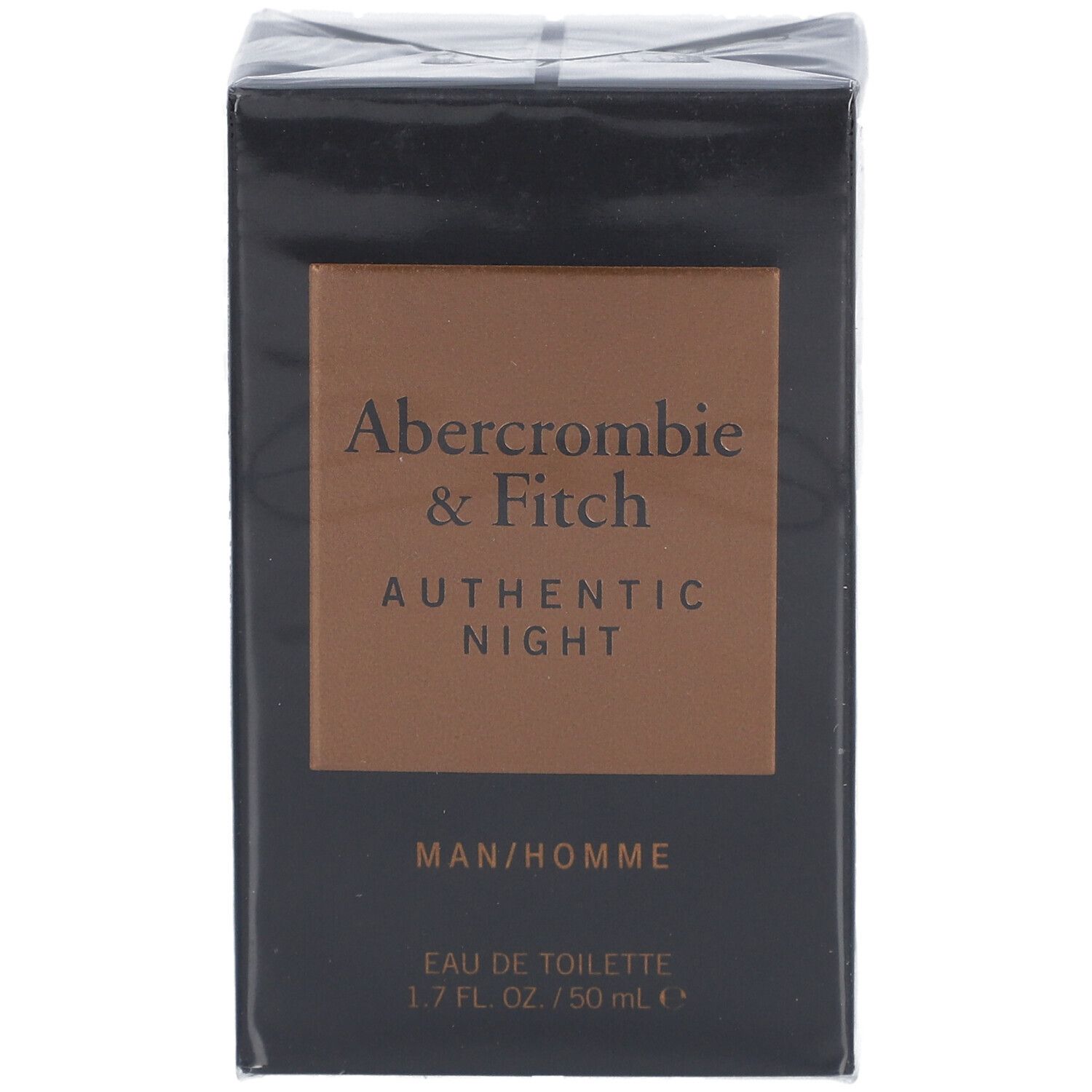 Zwarte doos met Abercrombie & Fitch Authentic Night. Opschrift: MAN/HOMME, Eau de Toilette, 1.7 FL. OZ. / 50 mL.
